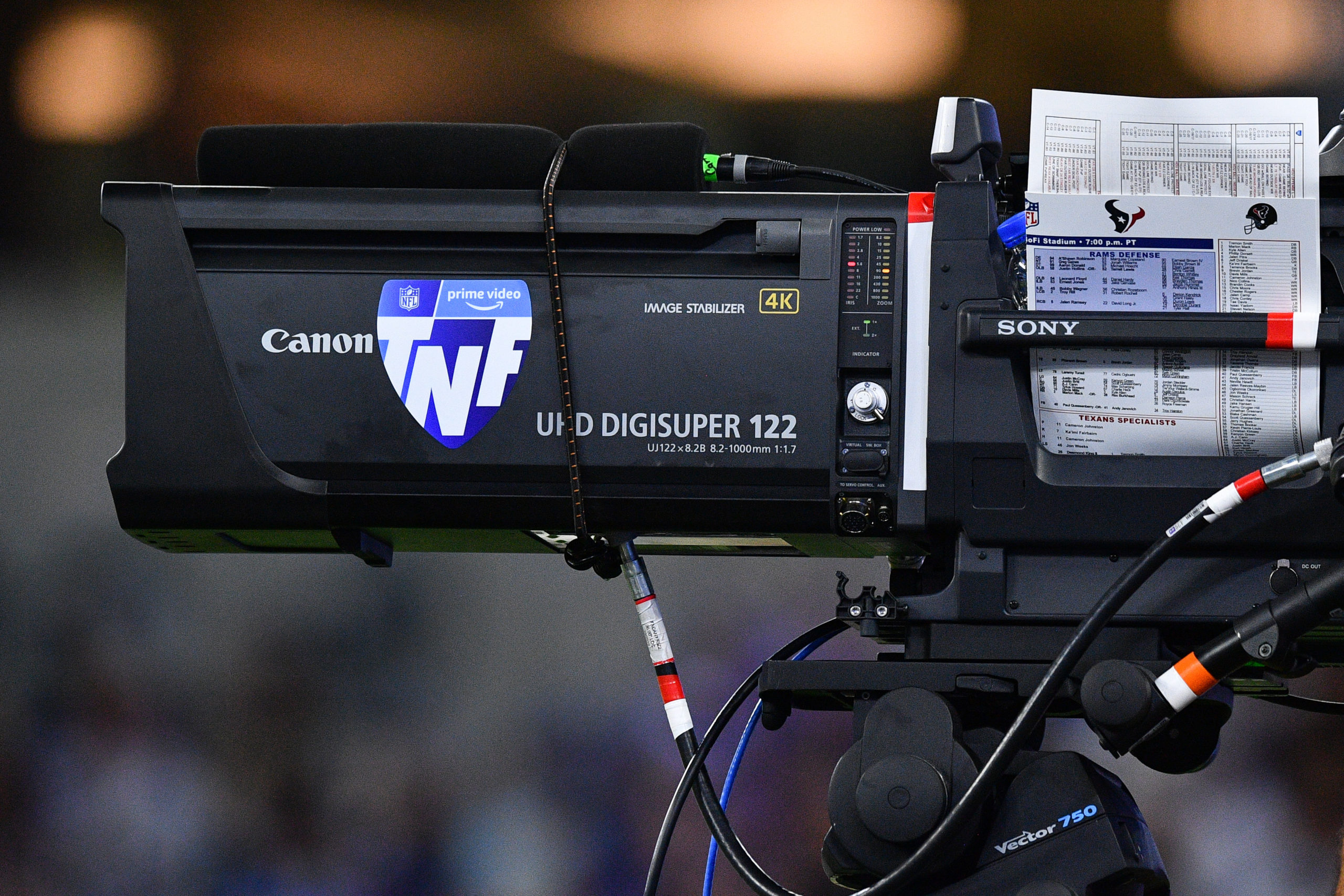 A TV camera with the Amazon Prime Video Thursday Night Football logo during the NFL preseason game ...