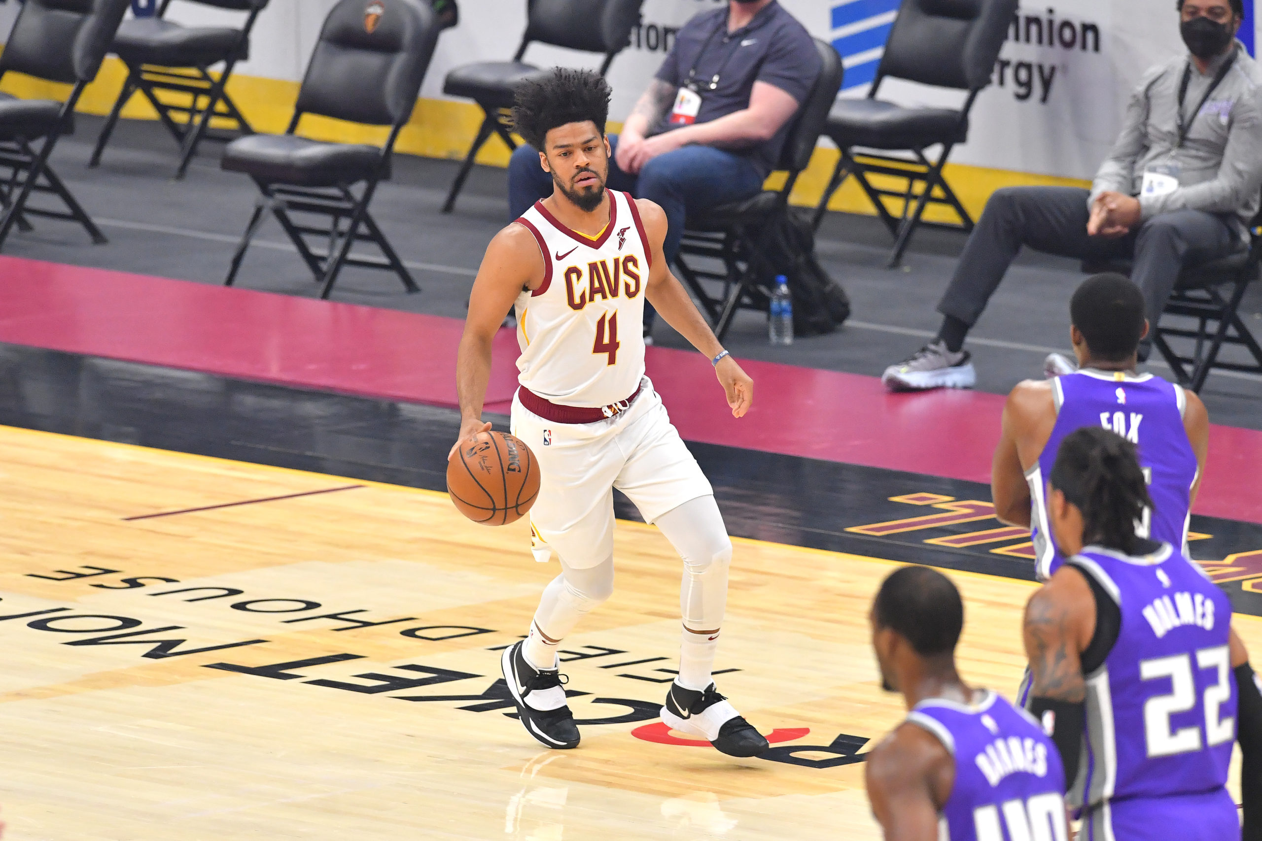 Quinn Cook of the Cleveland Cavaliers brings the ball up court during the first quarter against the...