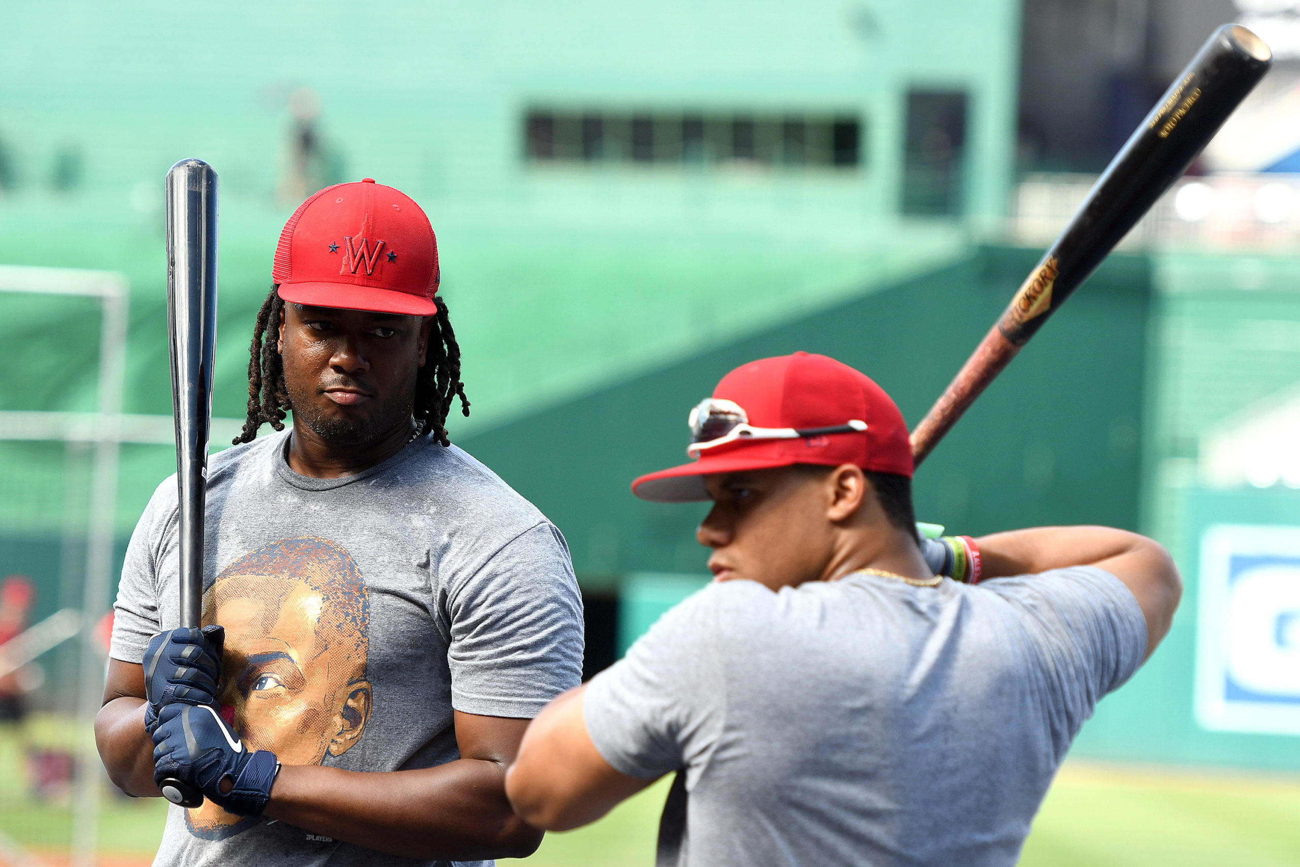 Josh Bell and Juan Soto attend batting practice prior to a baseball game against the New York Mets...