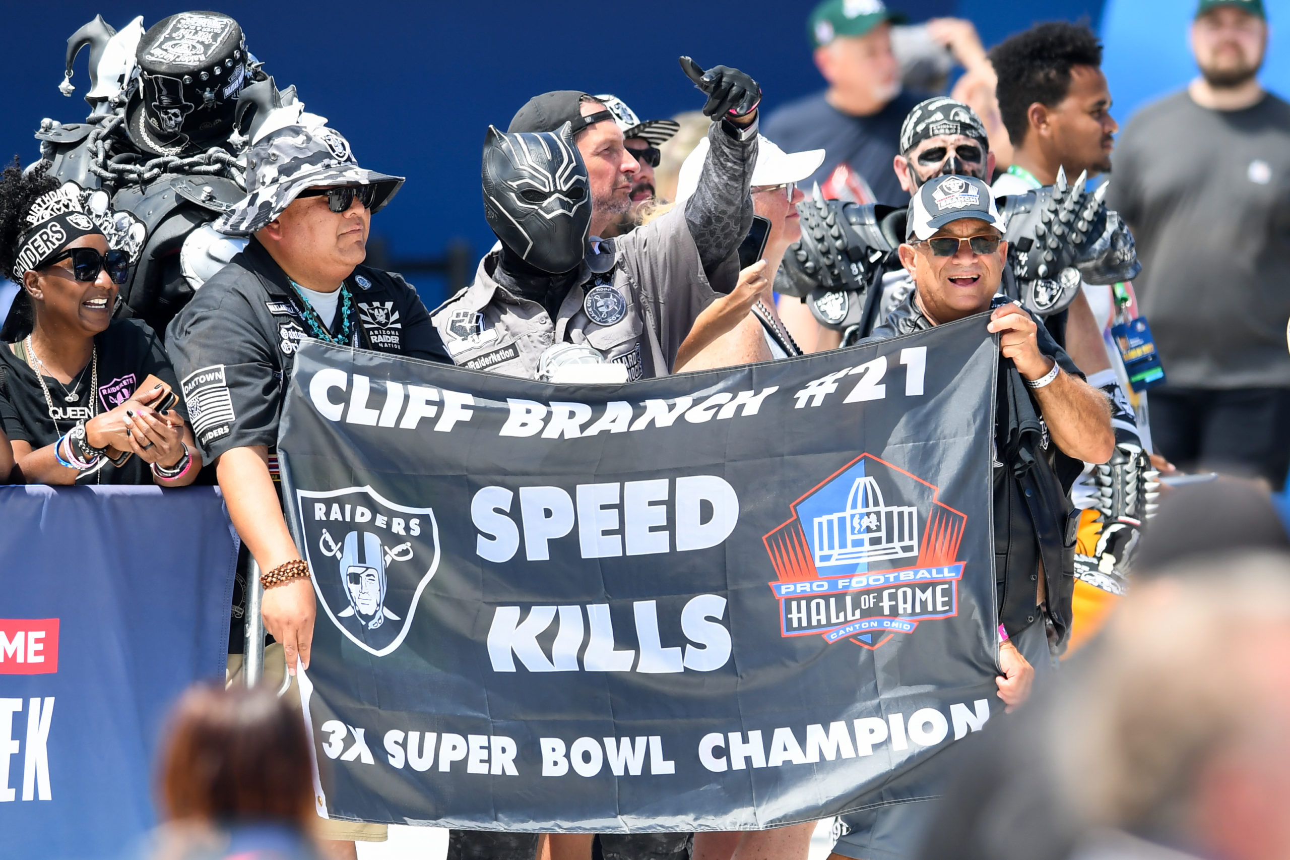 Las Vegas Raiders fans cheer as Cliff Branch is presented during the 2022 Pro Hall of Fame Enshrine...