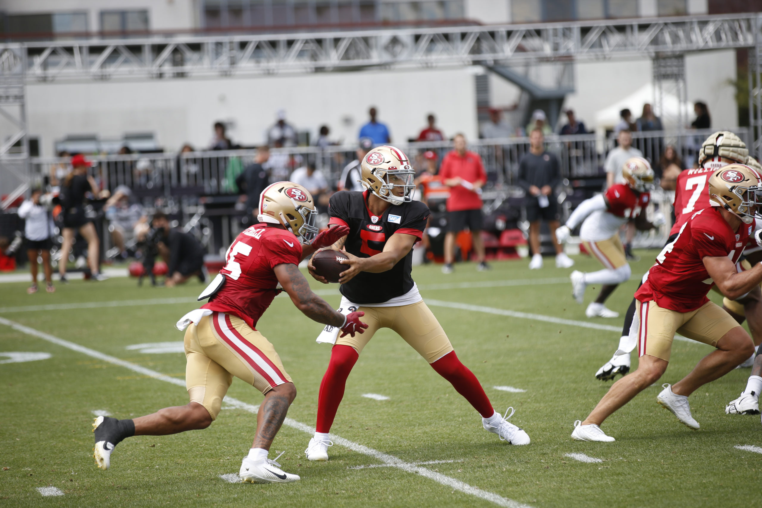 Trey Lance of the San Francisco 49ers during training camp at the SAP Performance Facility on Augus...