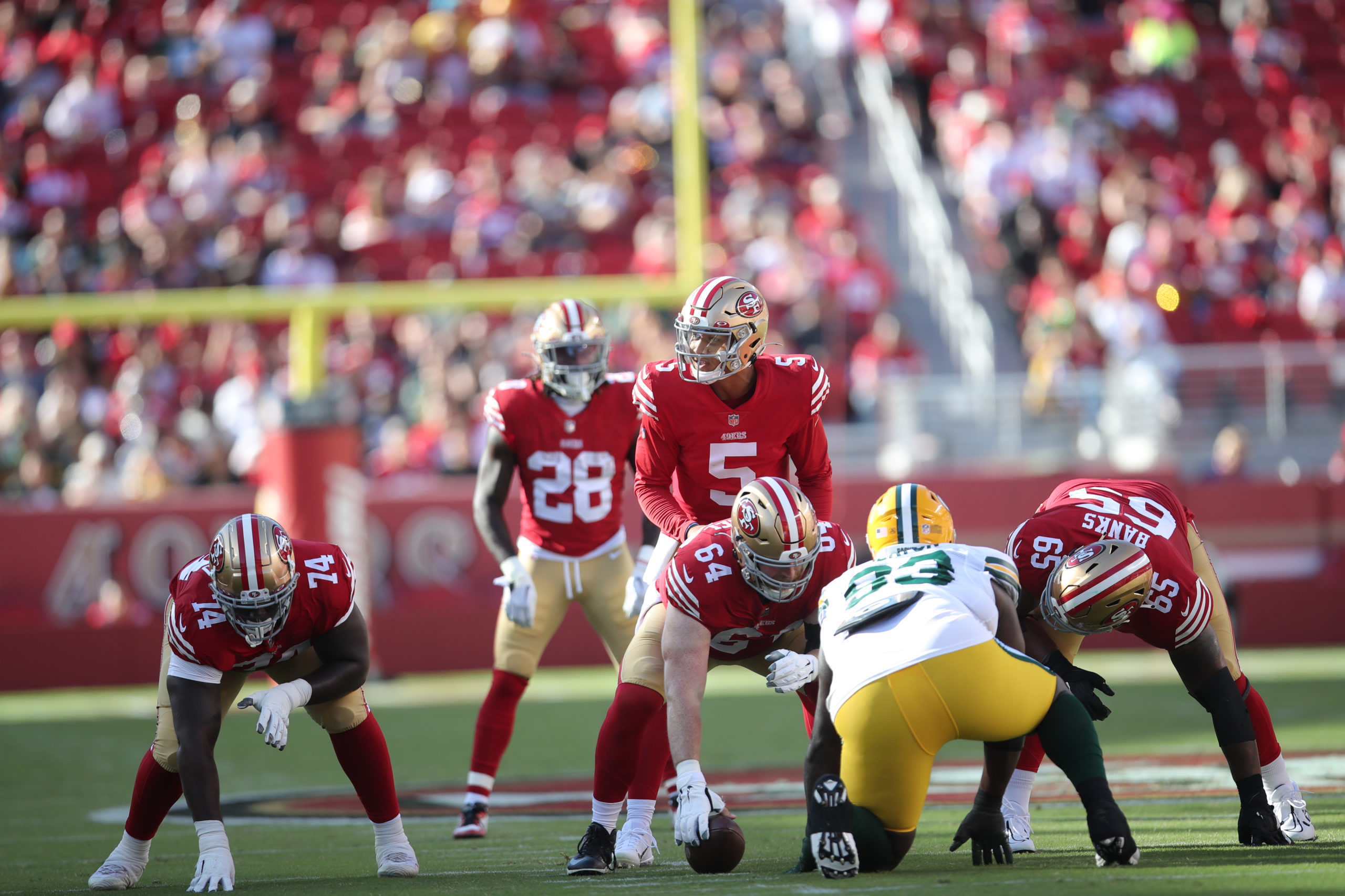 Trey Lance #5 of the San Francisco 49ers lines up before the snap during the game against the Green...