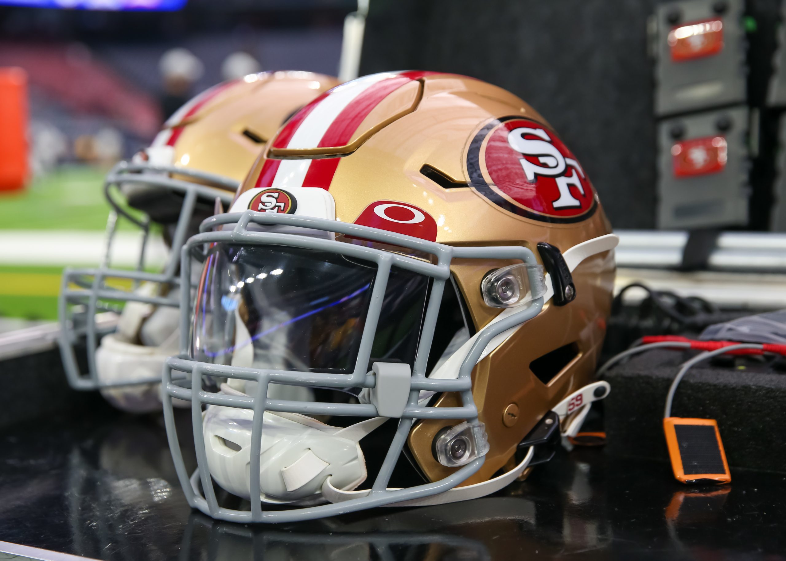 San Francisco 49ers helmets rest on team trunks during the NFL preseason game between the San Franc...