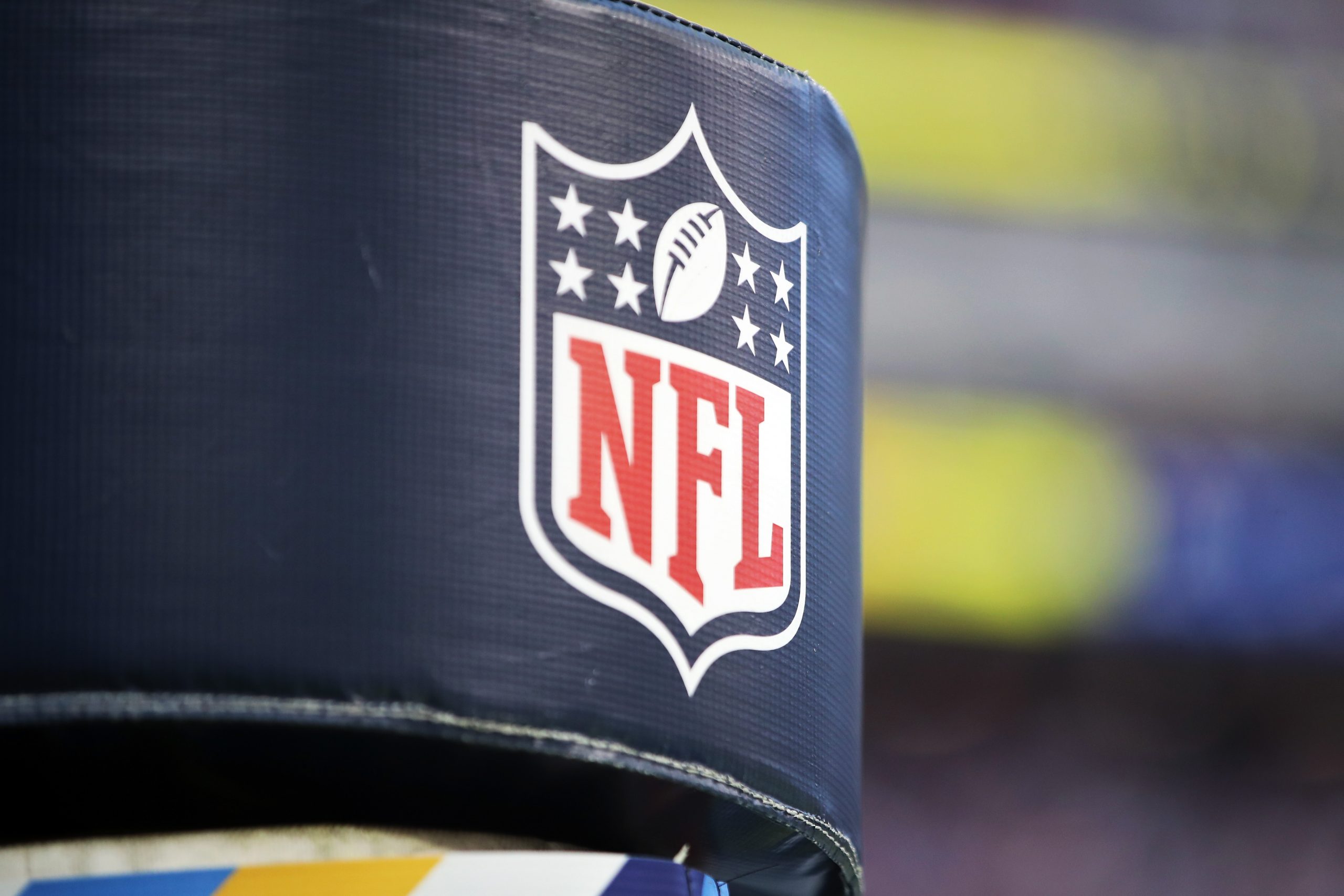 A detailed view of the NFL logo is seen at SoFi Stadium during the game between the Arizona Cardina...