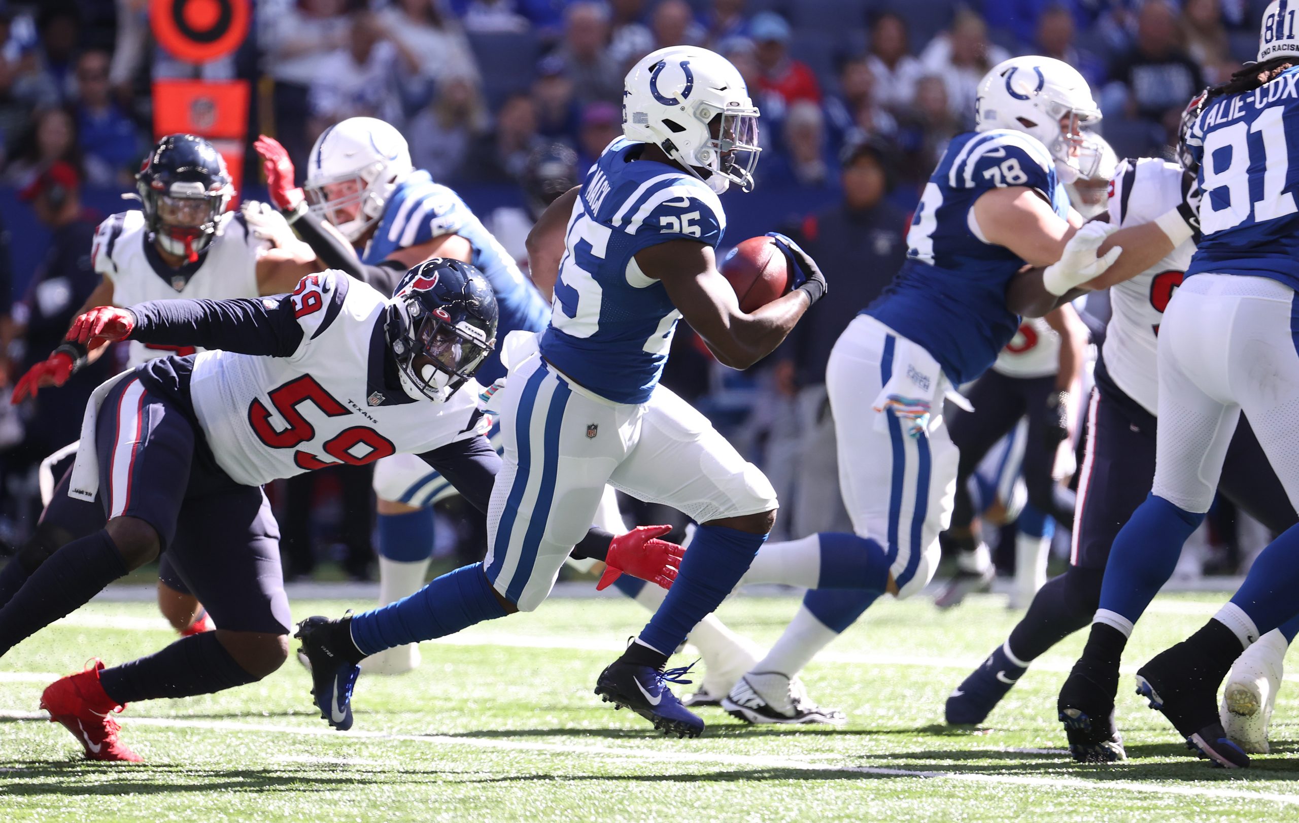 Marlon Mack #25 of the Indianapolis Colts against the Houston Texans at Lucas Oil Stadium on Octobe...