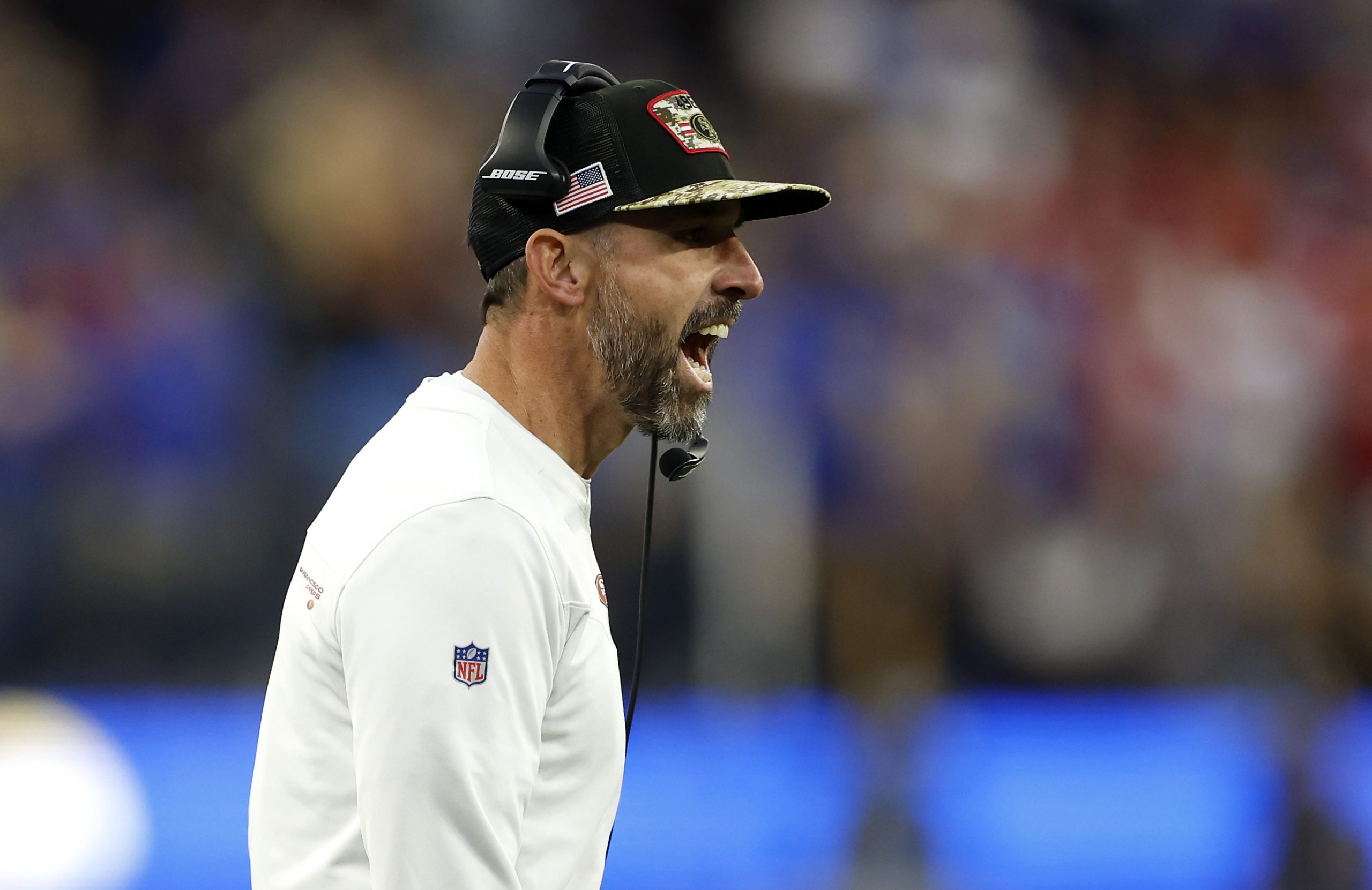 Head coach Kyle Shanahan of the San Francisco 49ers reacts in the second quarter against the Los An...