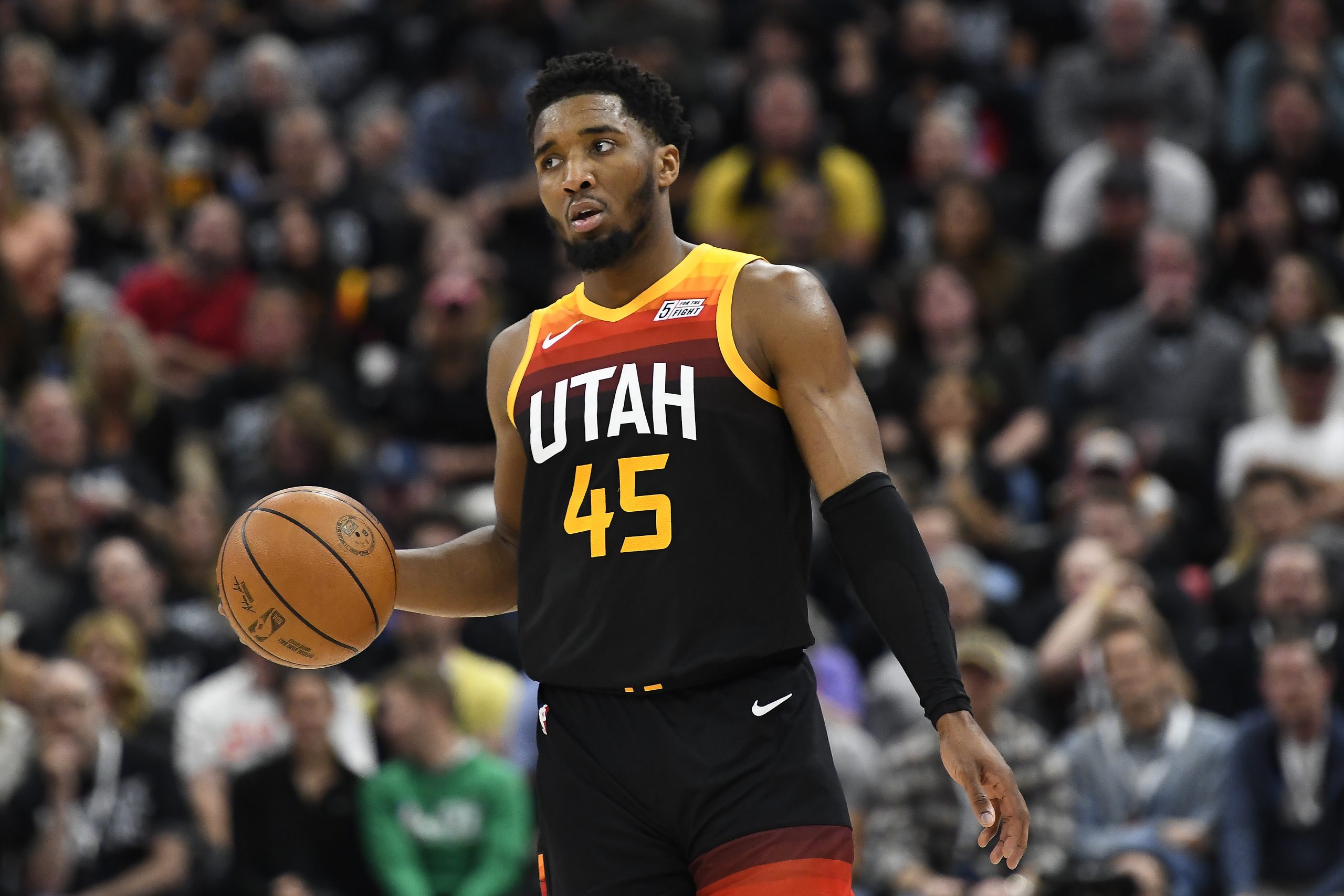 SALT LAKE CITY, UTAH - APRIL 28: Donovan Mitchell #45 of the Utah Jazz in action during the second ...