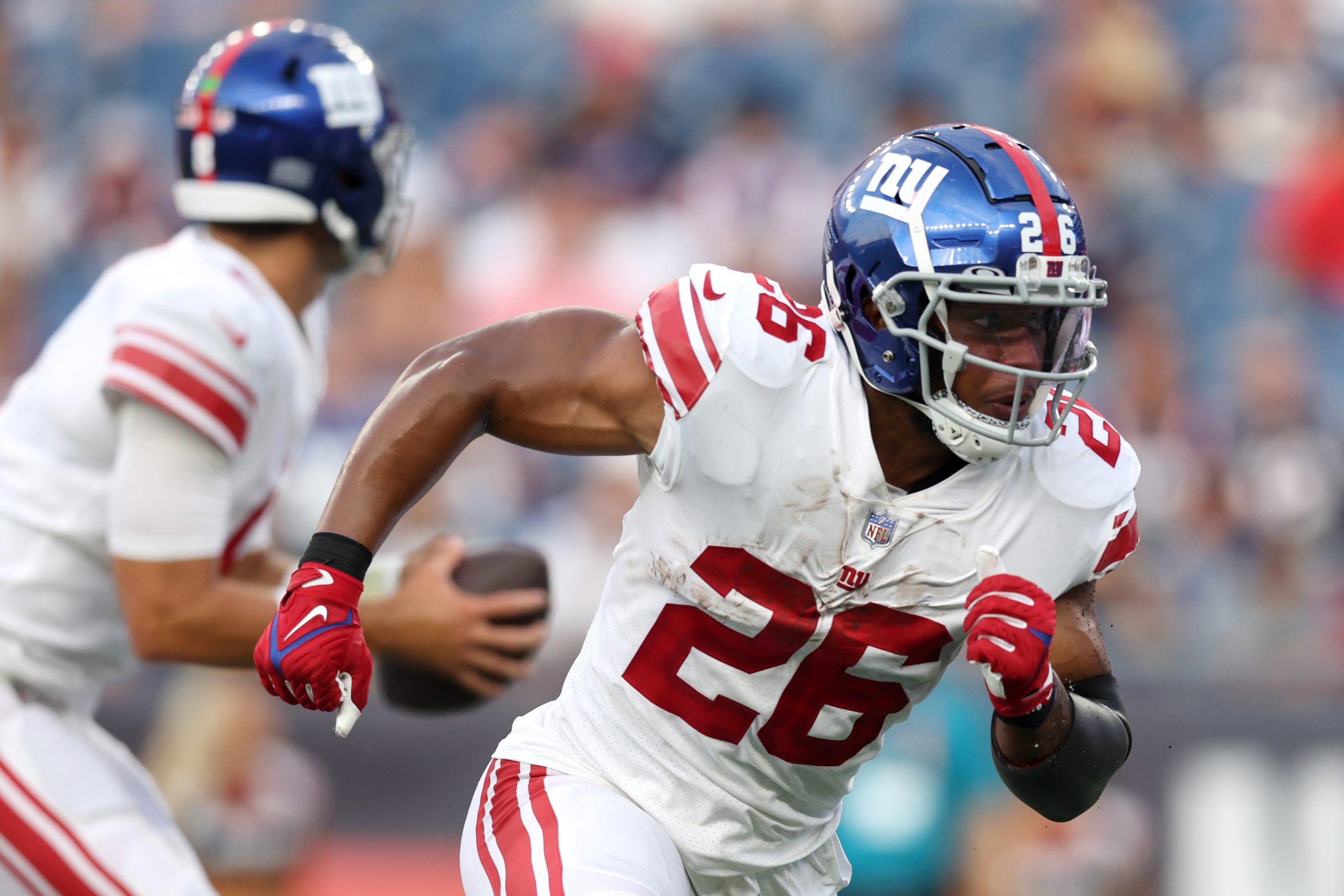 Saquon Barkley of the New York Giants makes a run during the preseason game against the New York Gi...