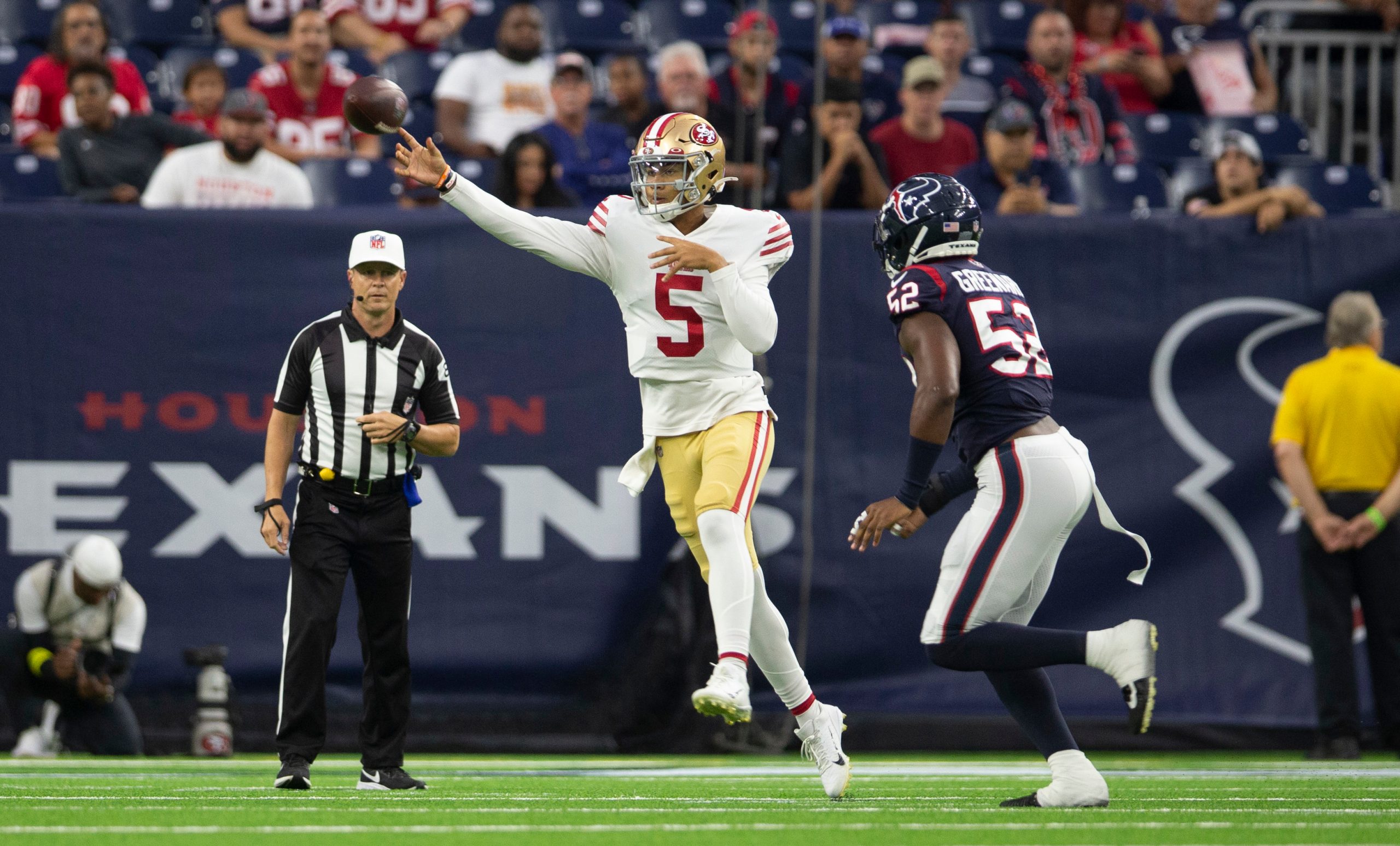 HOUSTON, TX - AUGUST 25: Trey Lance #5 of the San Francisco 49ers passes during the game against th...