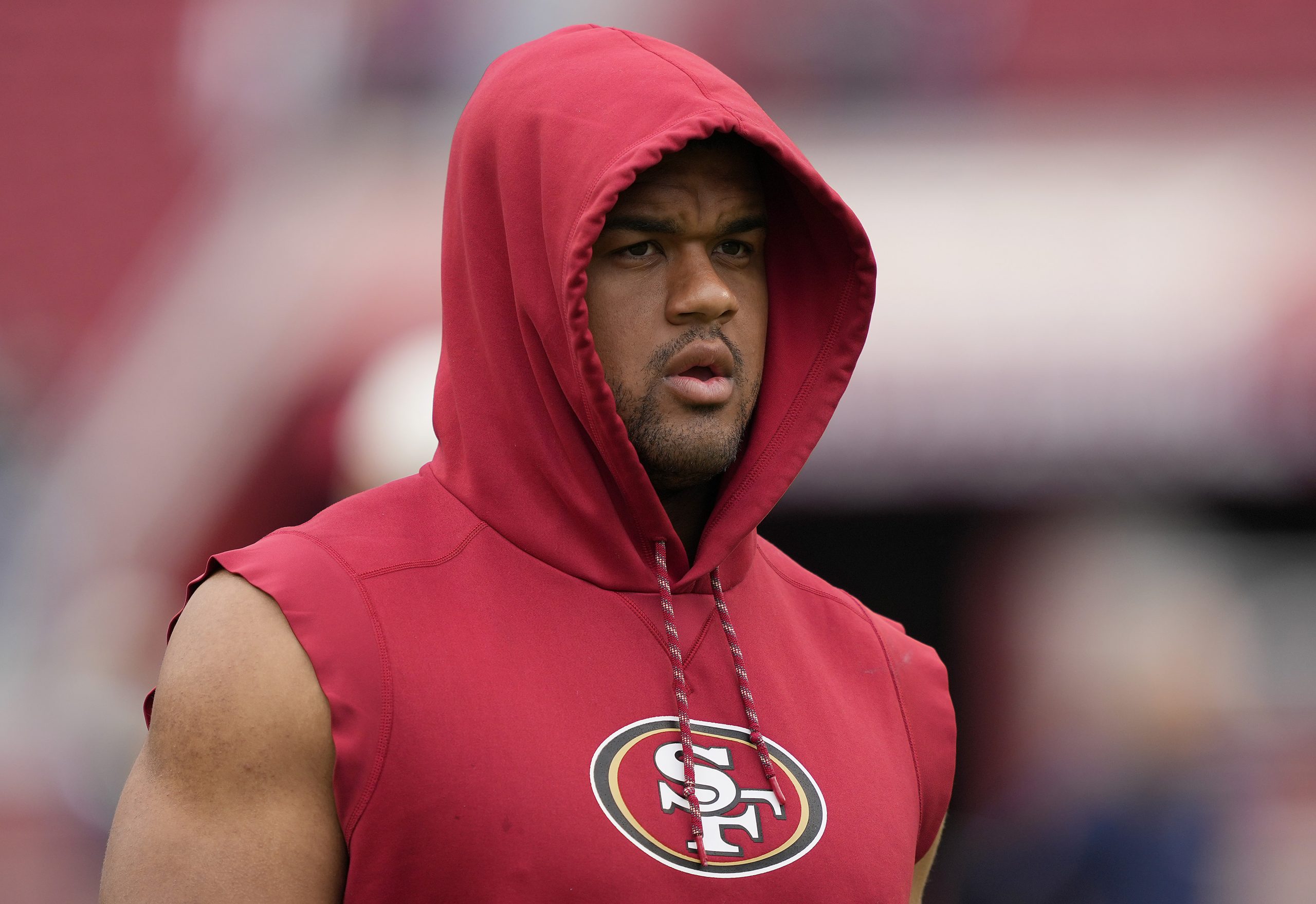 Arik Armstead #91 of the San Francisco 49ers looks on during warmups before the game against the Se...