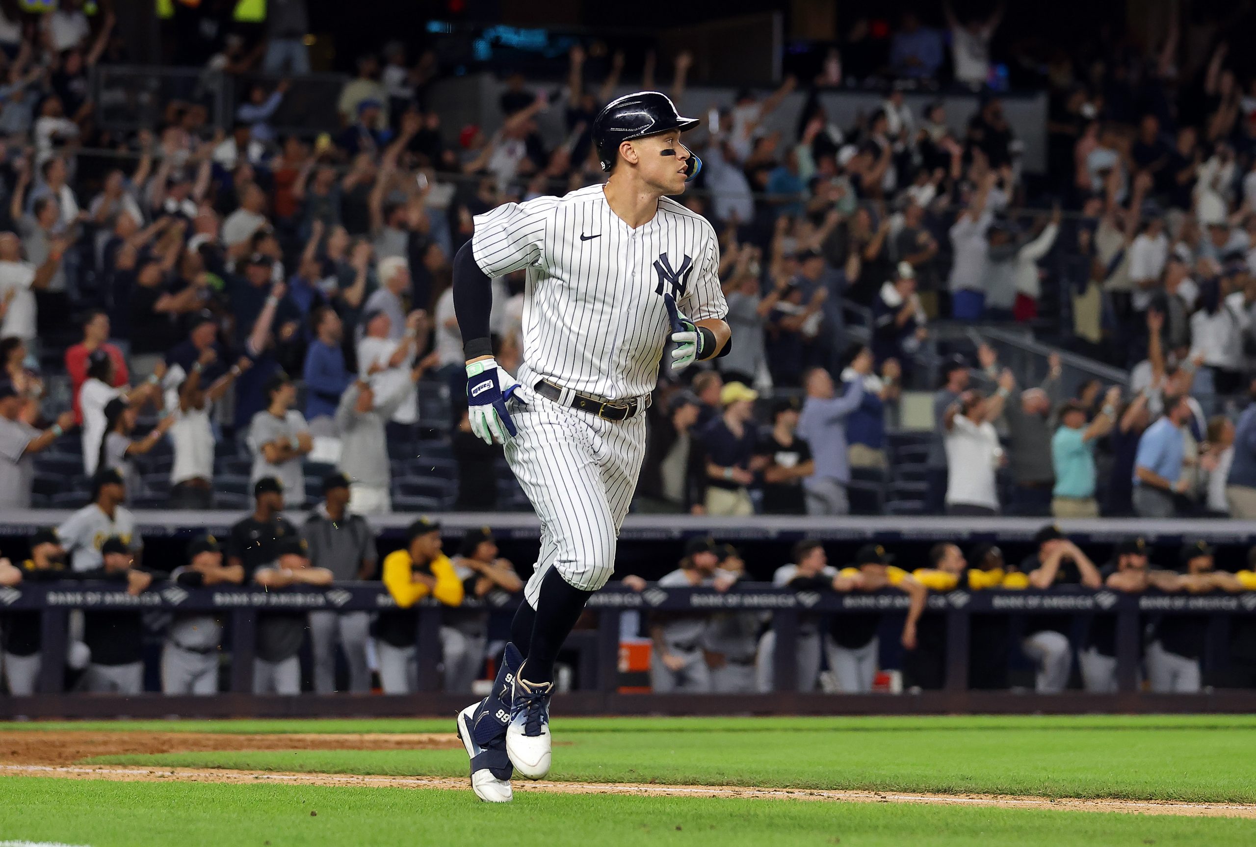 NEW YORK, NEW YORK - SEPTEMBER 20: Aaron Judge #99 of the New York Yankees hits his 60th home run o...