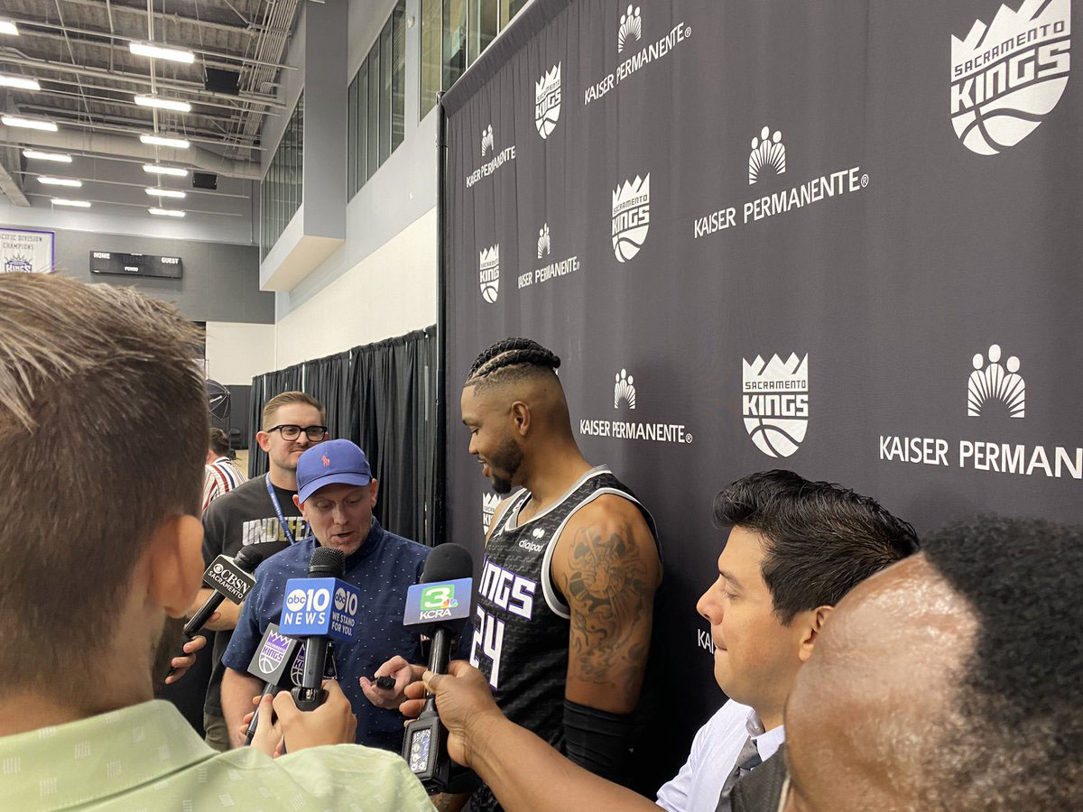 Kent Bazemore of the Sacramento Kings talks to the press during media day....