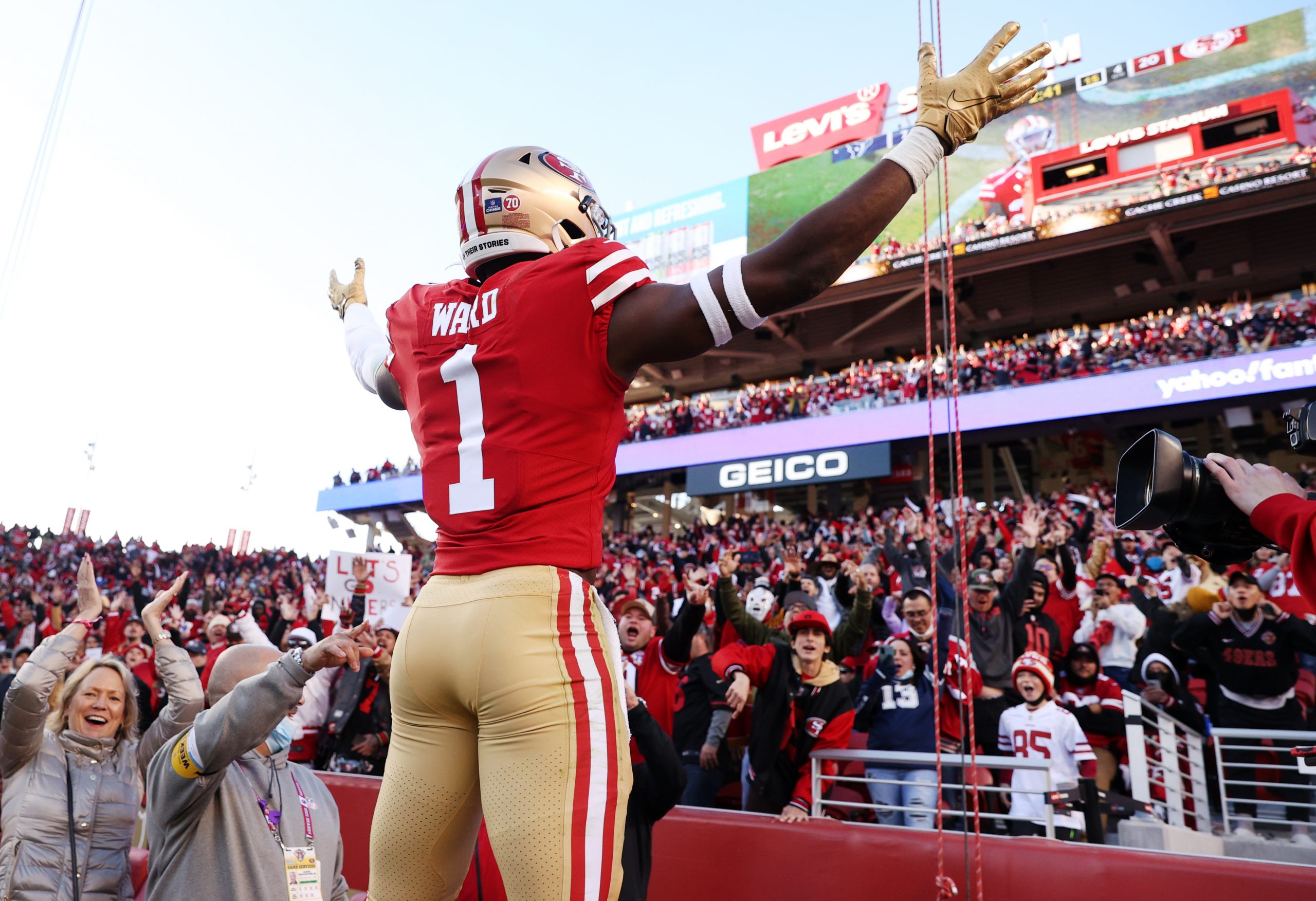Jimmie Ward #1 of the San Francisco 49ers reacts in the fourth quarter against the Houston Texans a...