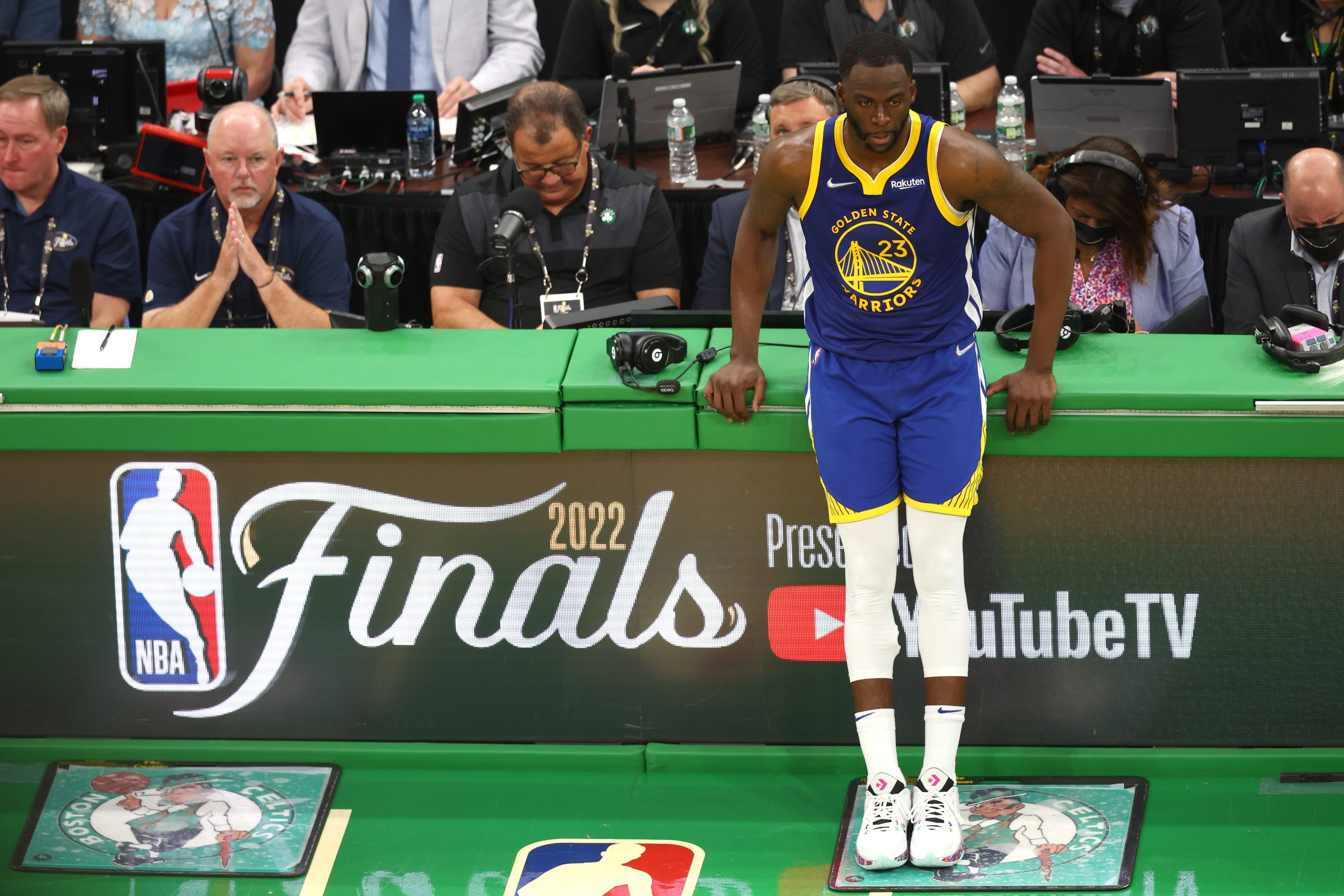 Draymond Green #23 of the Golden State Warriors looks on against the Boston Celtics during the four...