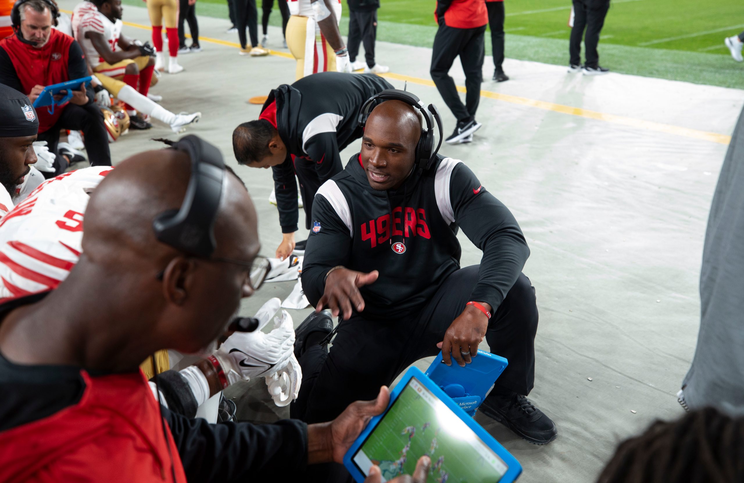 Defensive Coordinator DeMeco Ryans and Linebackers Coach Johnny Holland of the San Francisco 49ers ...