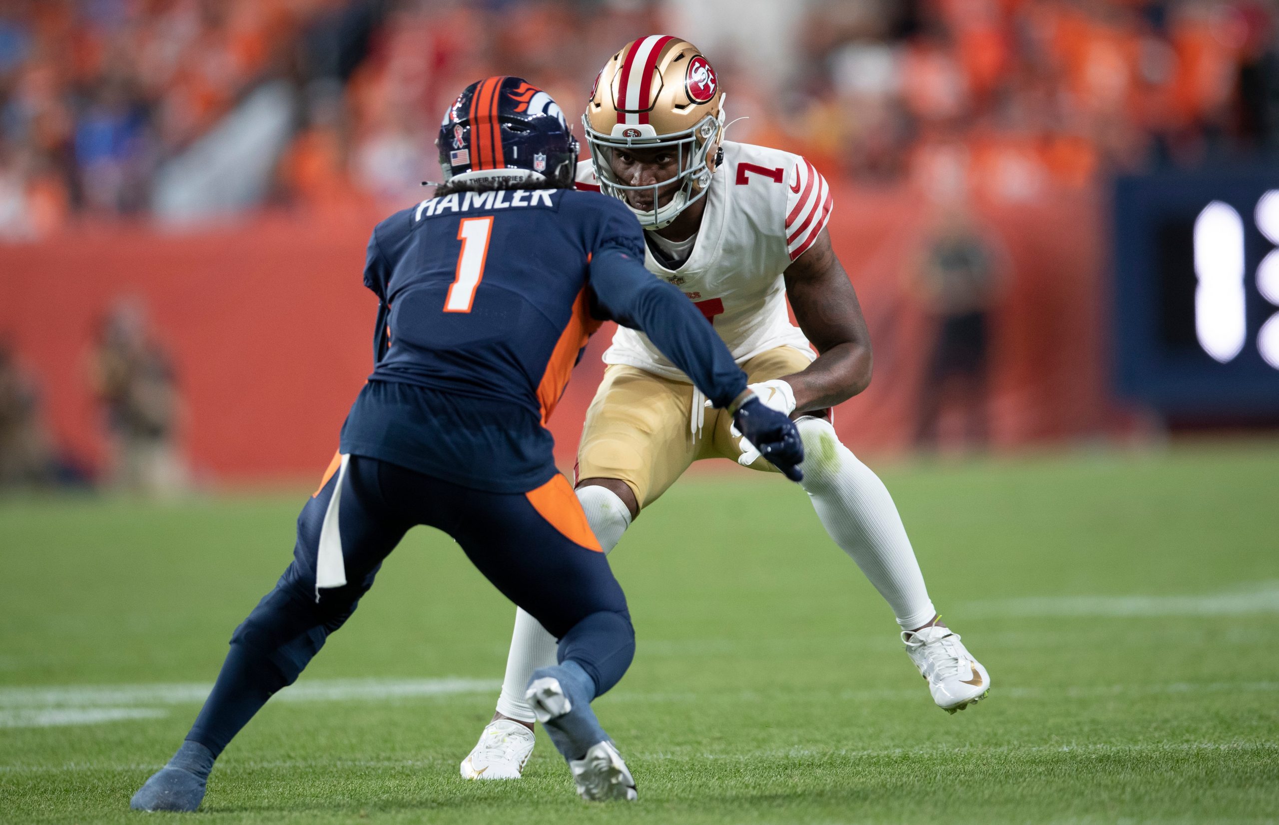 Charvarius Ward #7 of the San Francisco 49ers defends during the game against the Denver Broncos at...
