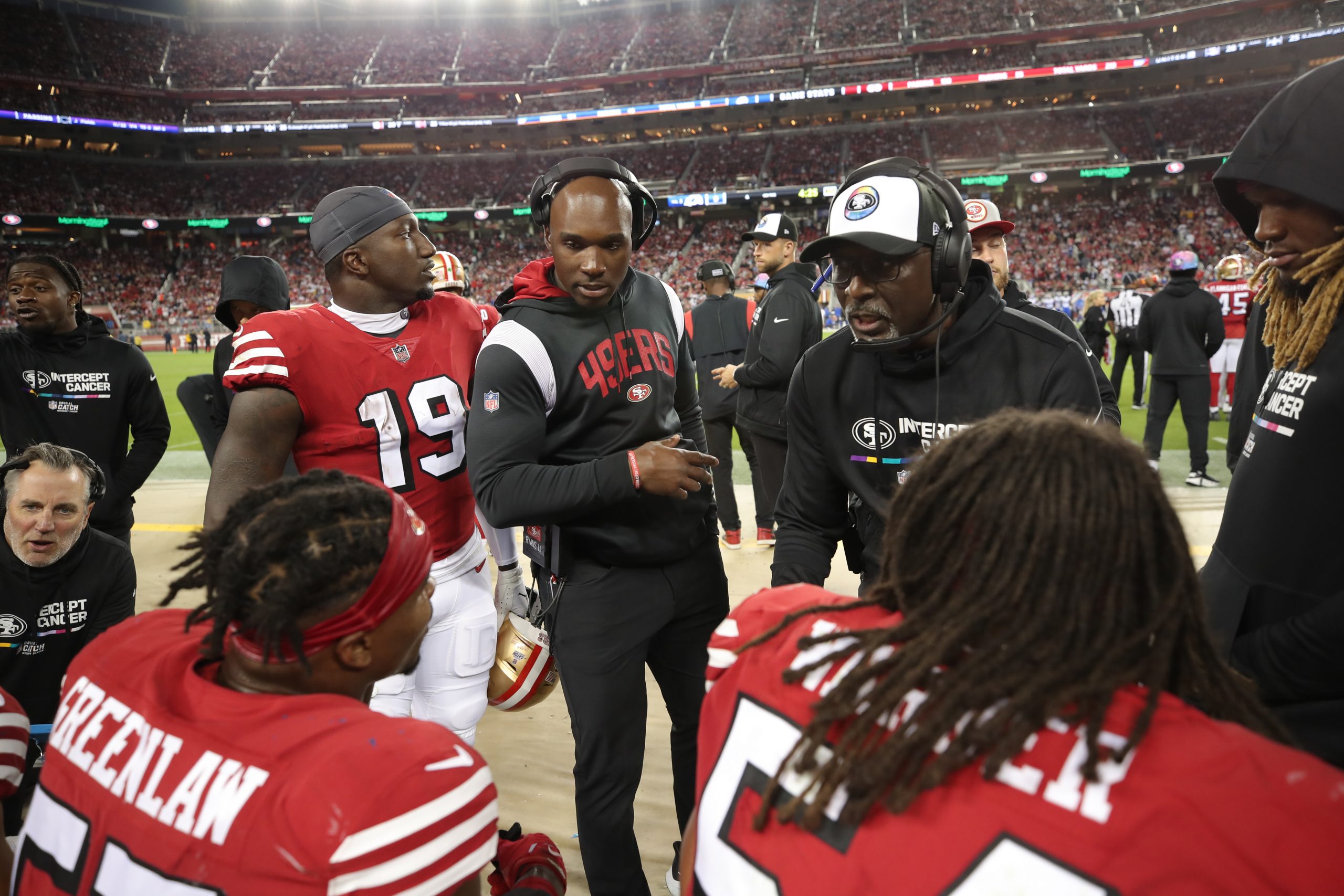 Defensive Coordinator DeMeco Ryans and Linebackers Coach Johnny Holland of the San Francisco 49ers ...