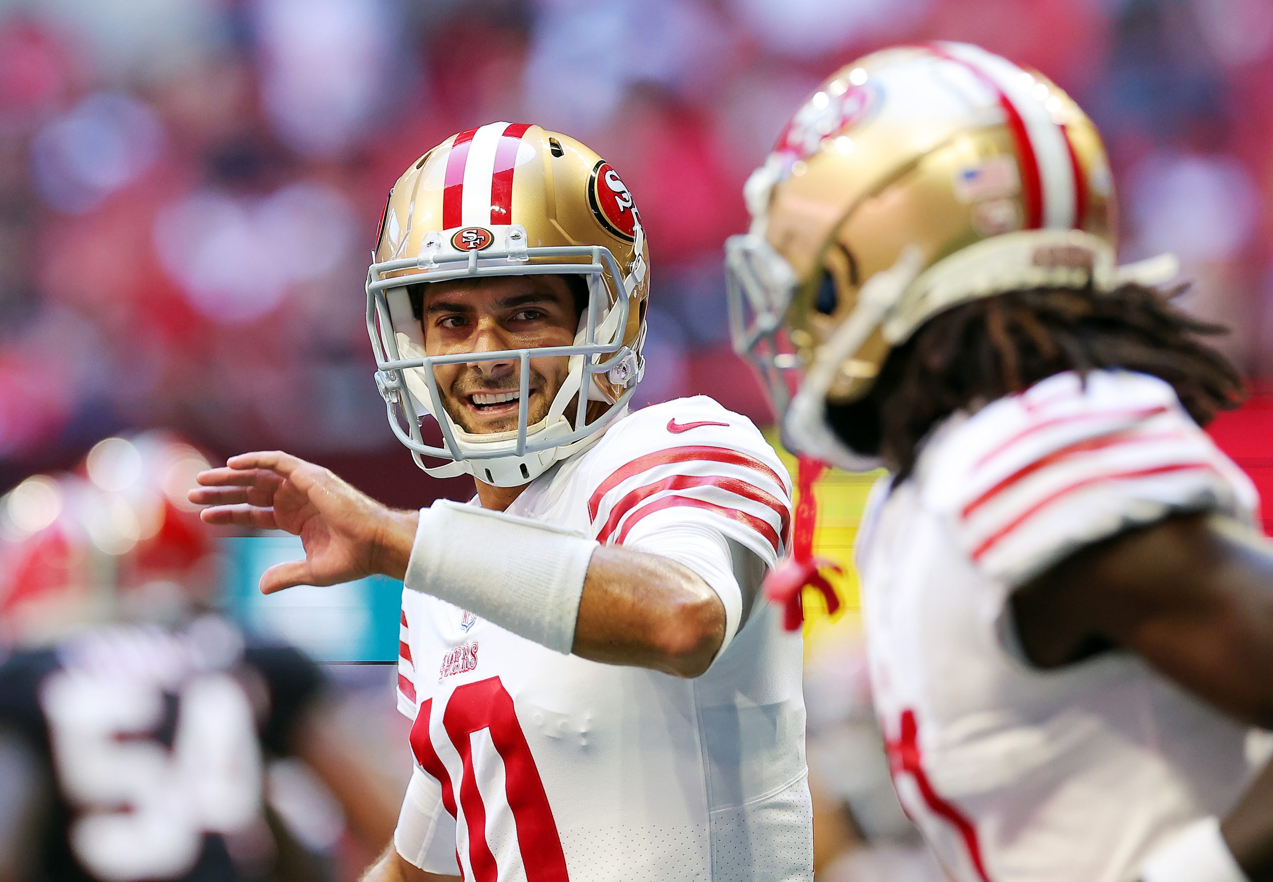 ATLANTA, GEORGIA - OCTOBER 16: Jimmy Garoppolo #10 of the San Francisco 49ers reacts after a play d...
