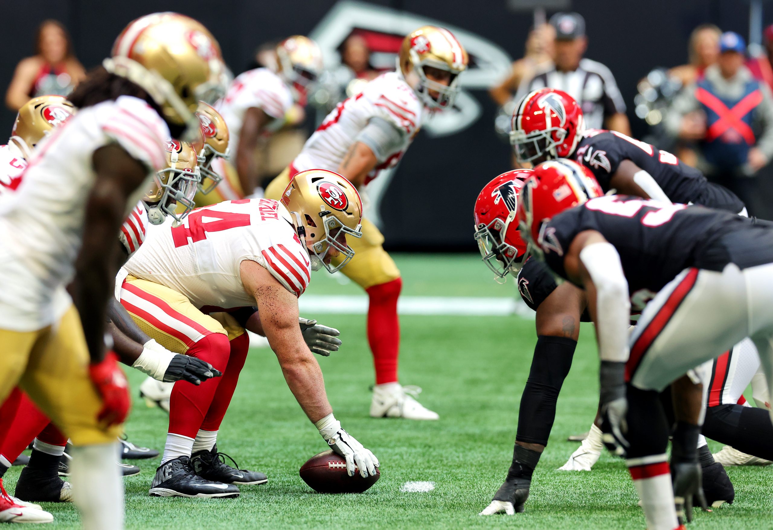 The San Francisco 49ers and Atlanta Falcons line up for a play during the fourth quarter at Mercede...