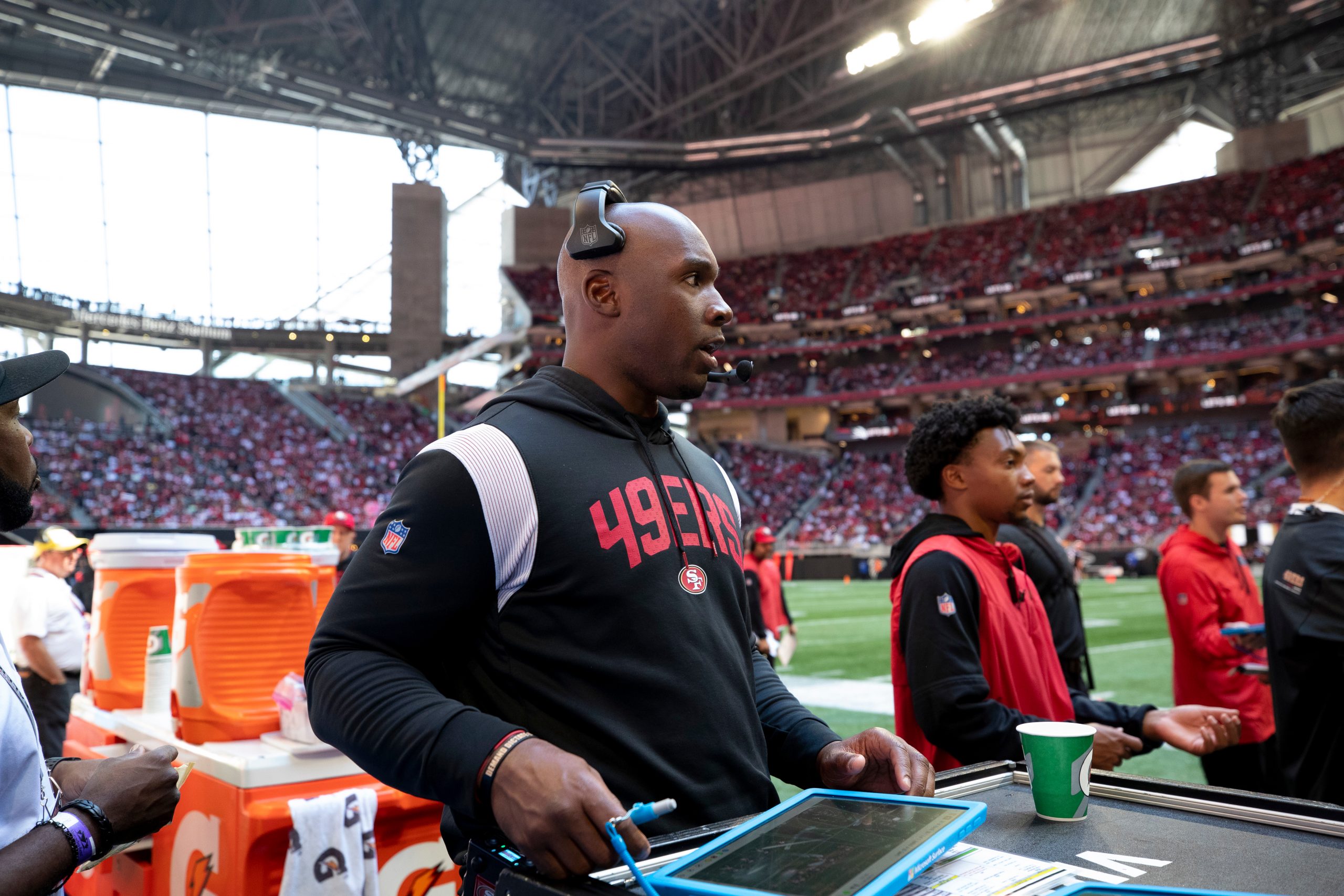 Defensive Coordinator DeMeco Ryans of the San Francisco 49ers on the sideline during the game again...