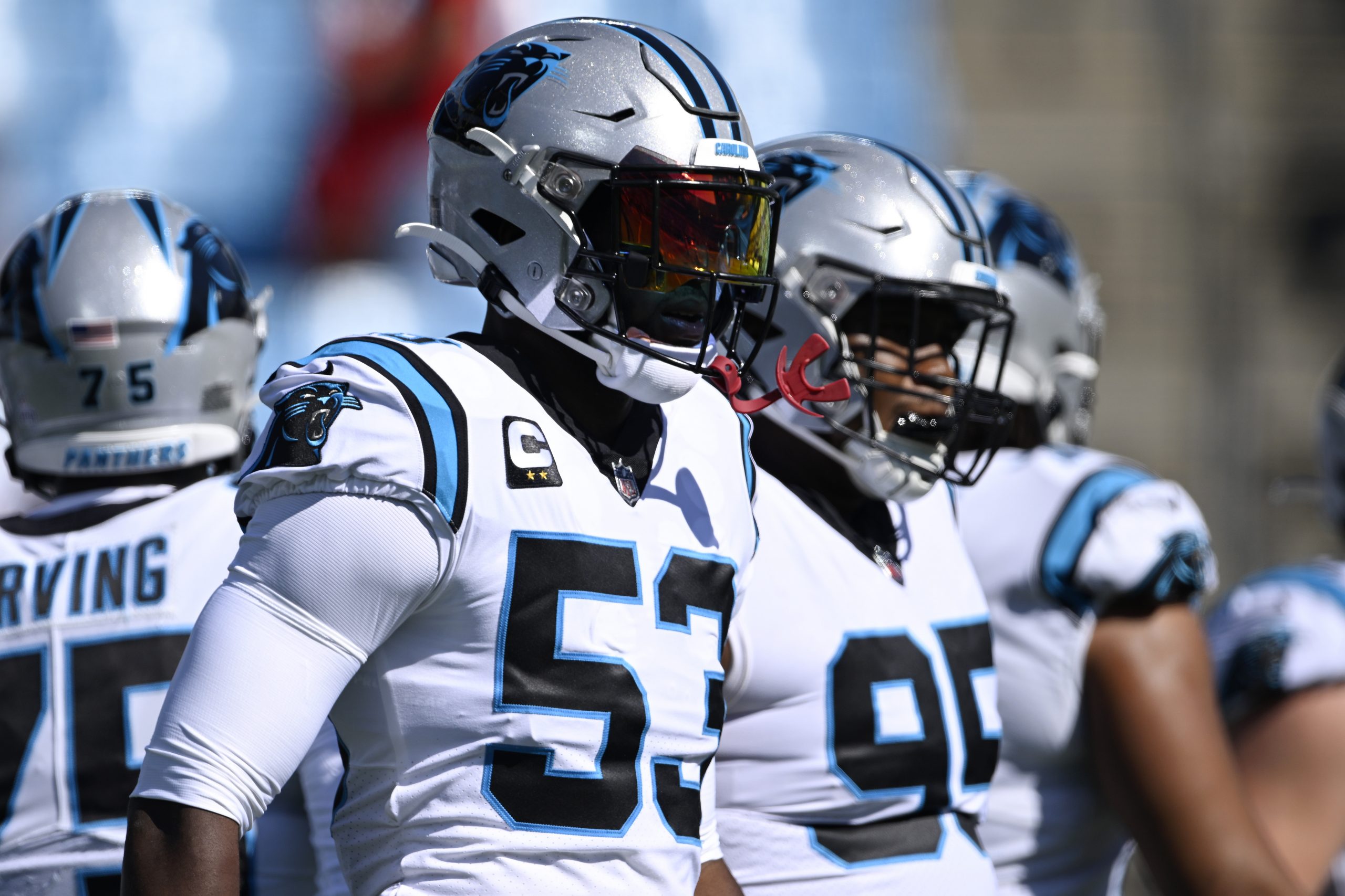 Brian Burns #53 of the Carolina Panthers walks onto the field prior to the game against the Tampa B...