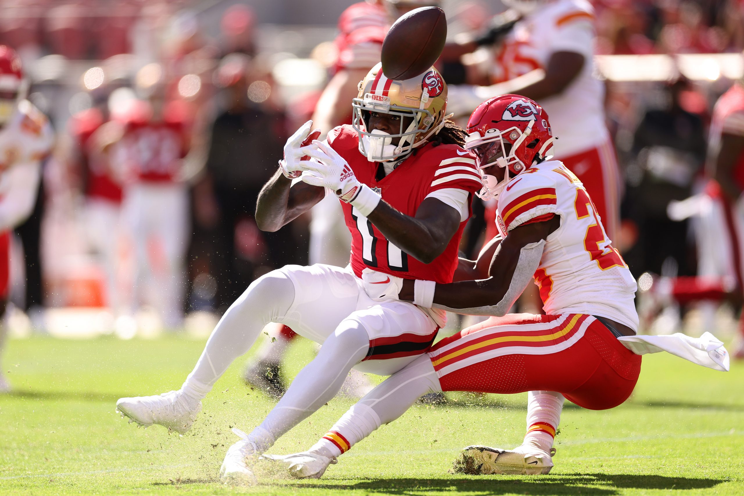 Brandon Aiyuk #11 of the San Francisco 49ers drops a pass in the first quarter against the Kansas C...