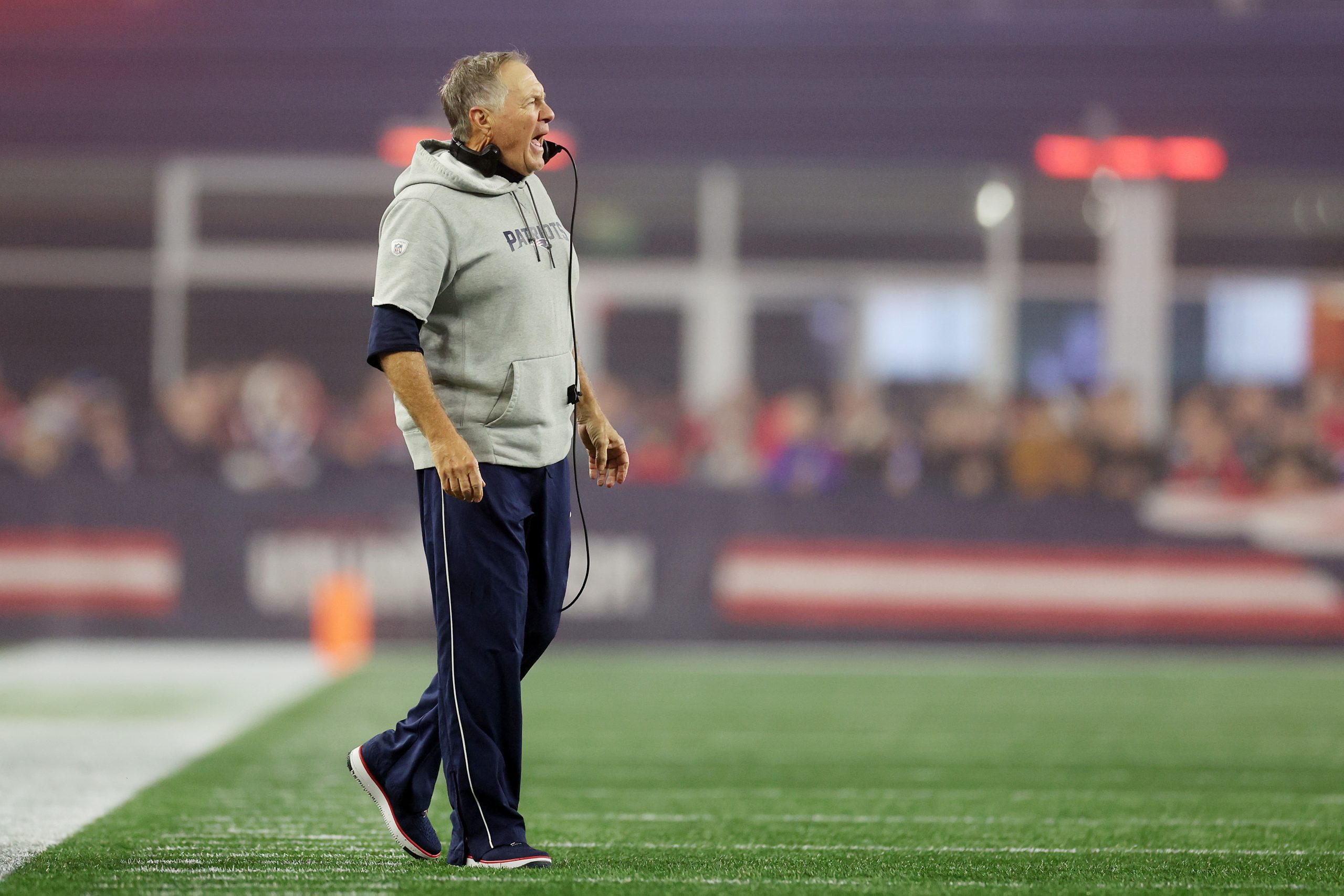 Head coach Bill Belichick of the New England Patriots reacts during the first half against the Chic...