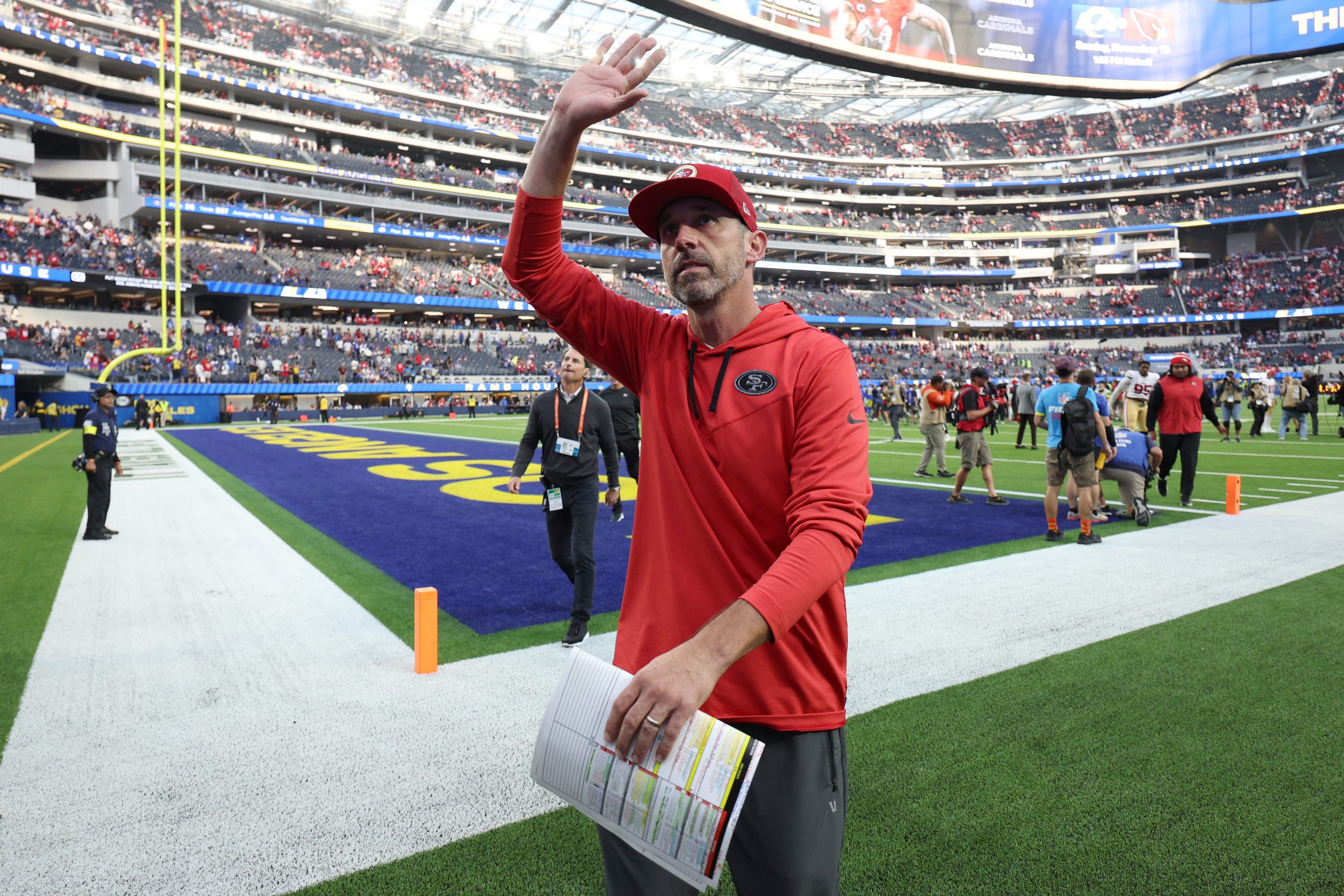 Head coach Kyle Shanahan of the San Francisco 49ers celebrates after a game against the Los Angeles...