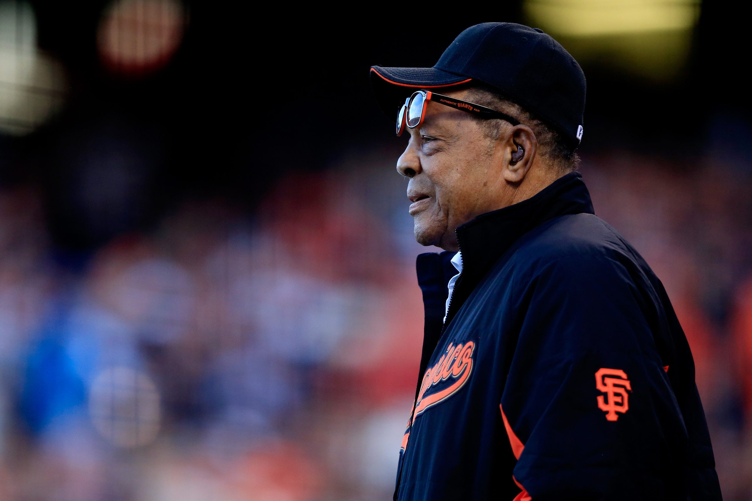 Hall of famer Willie Mays is seen on the field before the San Francisco Giants take on the Kansas C...