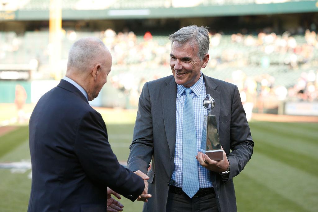 Oakland Athletics Executive Vice President of Baseball Operations Billy Bean accepts an award for 2...