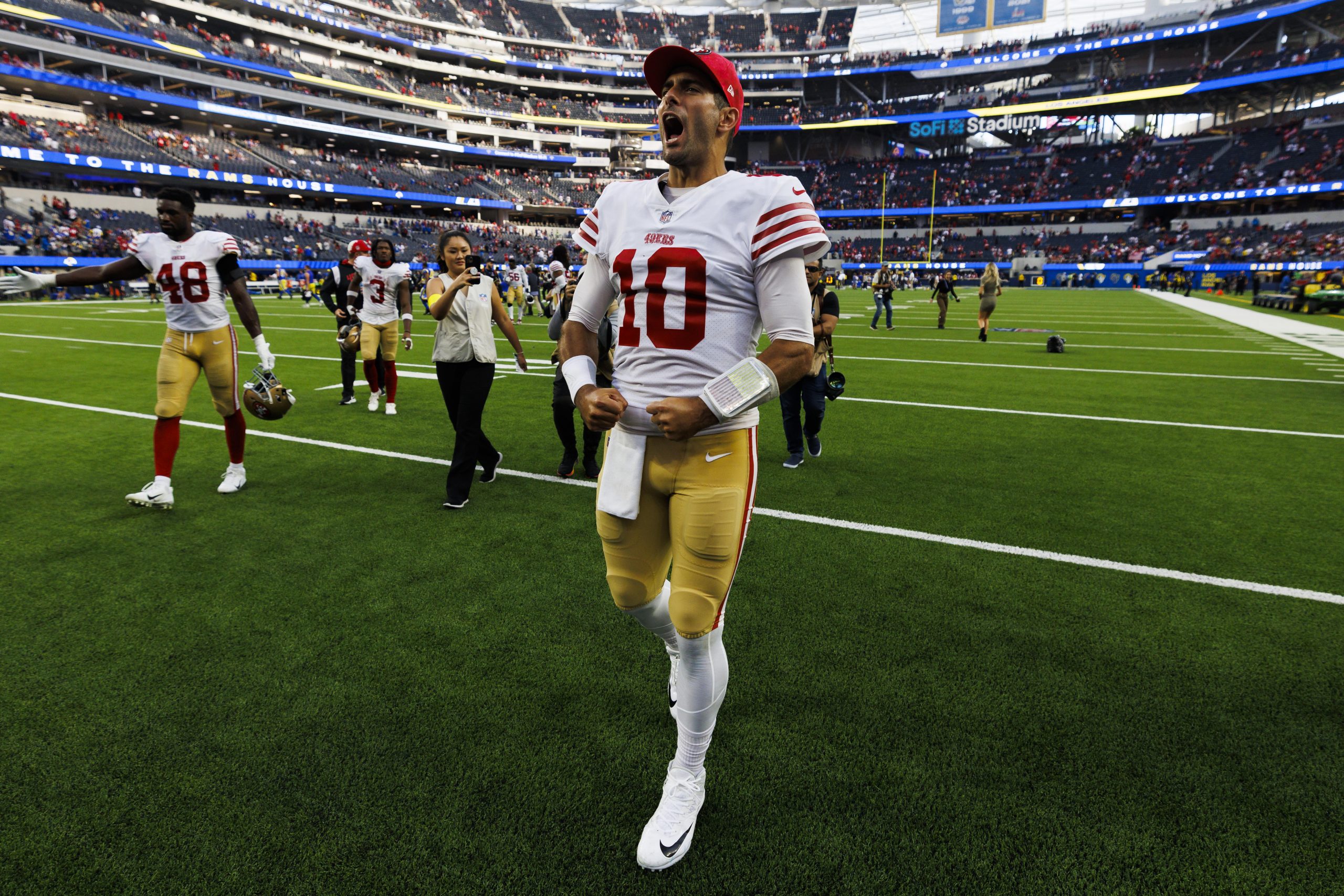INGLEWOOD, CA - OCTOBER 30: San Francisco 49ers quarterback Jimmy Garoppolo (10) walks off the fiel...