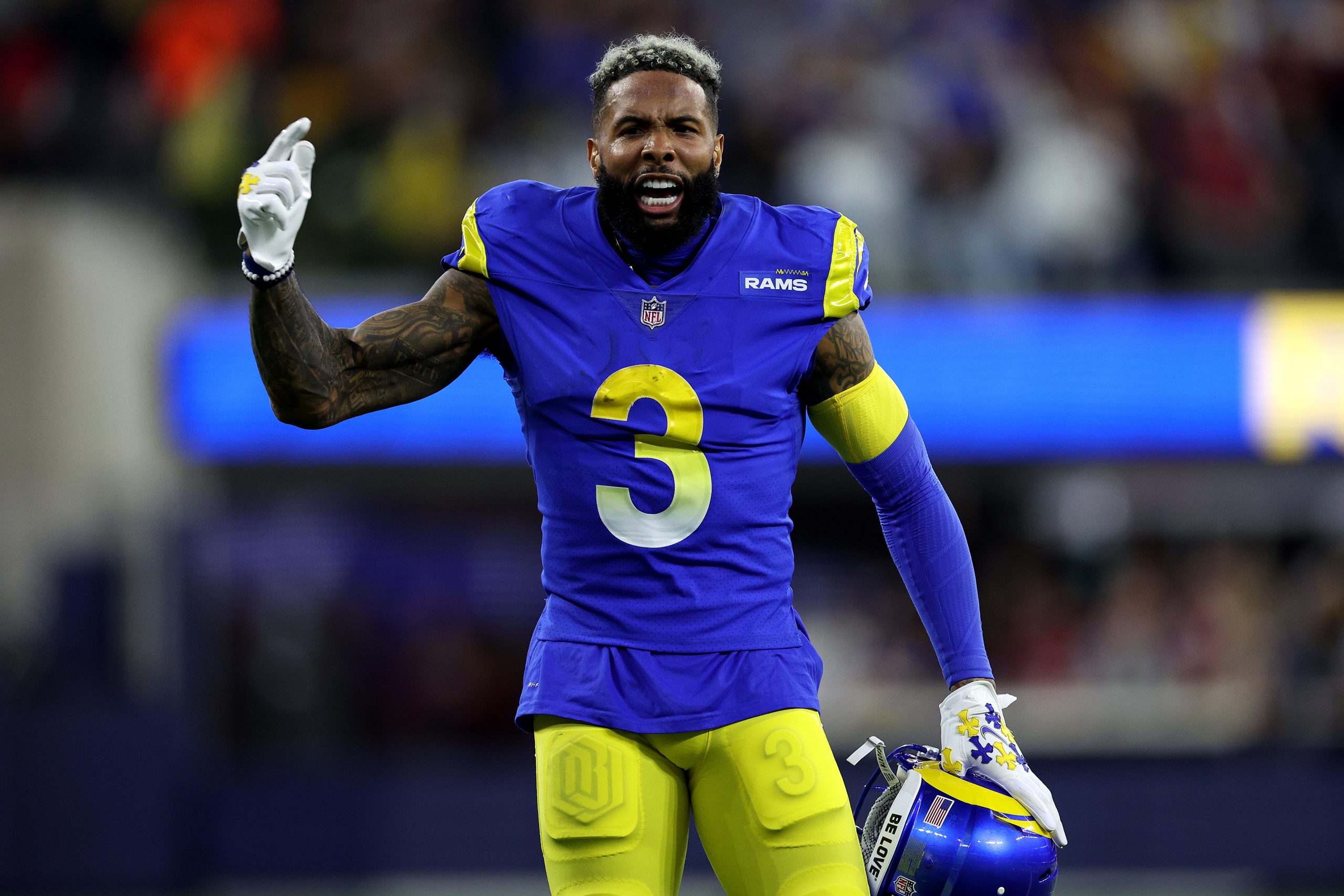 INGLEWOOD, CALIFORNIA - JANUARY 17: Odell Beckham Jr. #3 of the Los Angeles Rams reacts during the ...