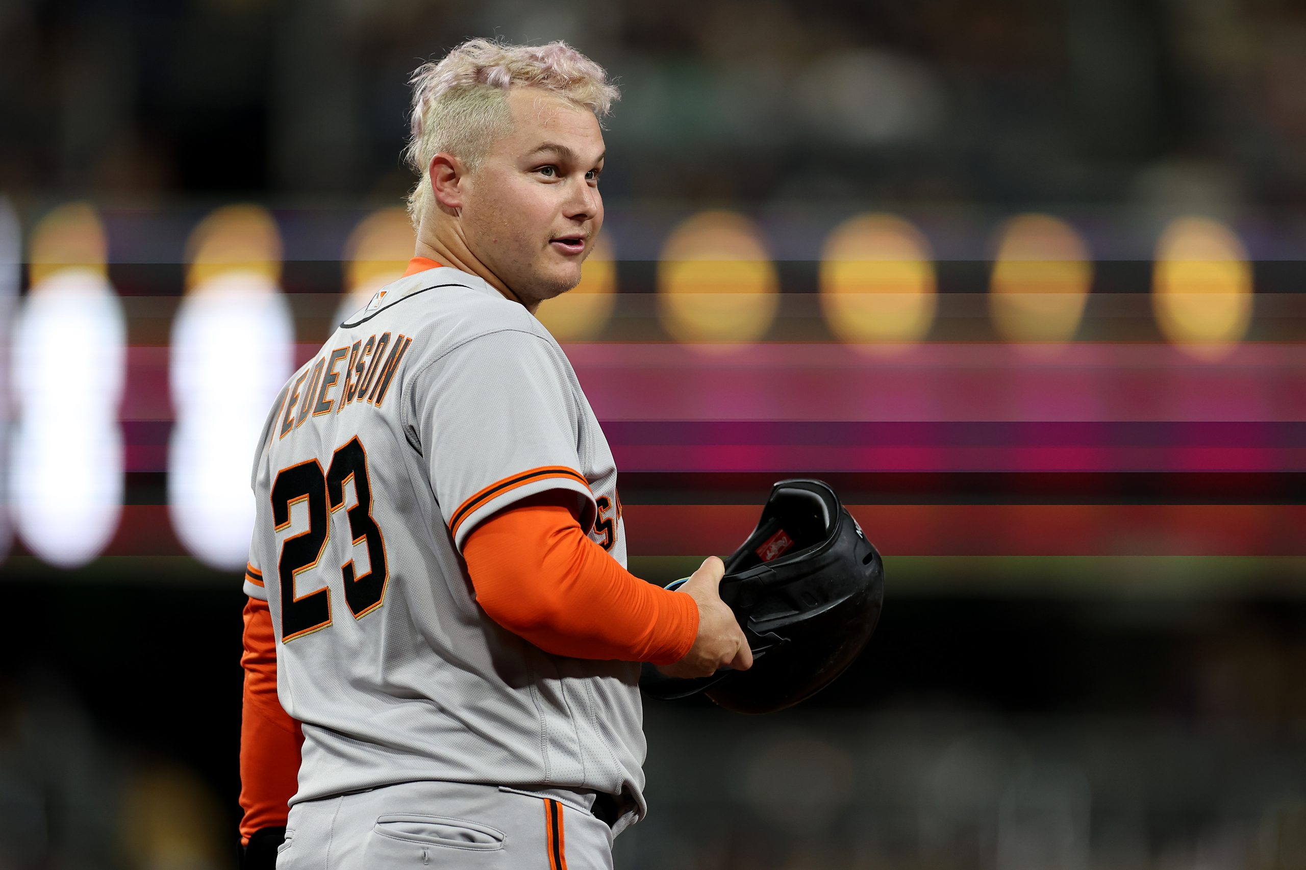 Joc Pederson #23 of the San Francisco Giants looks on during the fourth inning of a game against th...