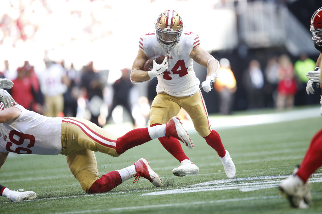 Kyle Juszczyk #44 of the San Francisco 49ers rushes during the game against the Atlanta Falcons at ...