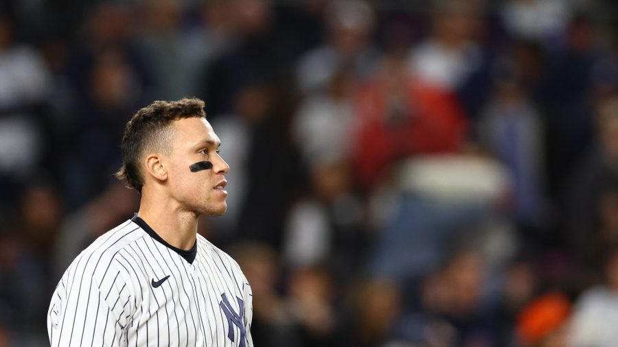 Aaron Judge #99 of the New York Yankees looks on during the sixth inning against the Houston Astros in game four of the American League Championship Series at Yankee Stadium on October 23, 2022 in the Bronx borough of New York City. MLB Free Agency
