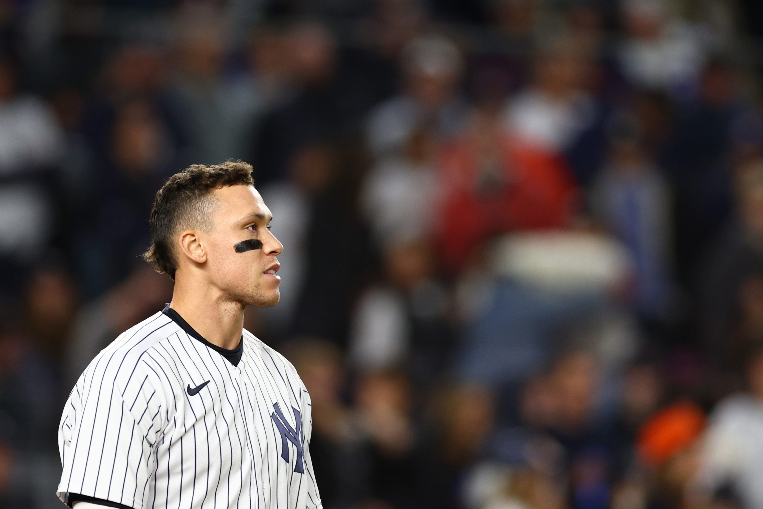 Aaron Judge #99 of the New York Yankees looks on during the sixth inning against the Houston Astros...
