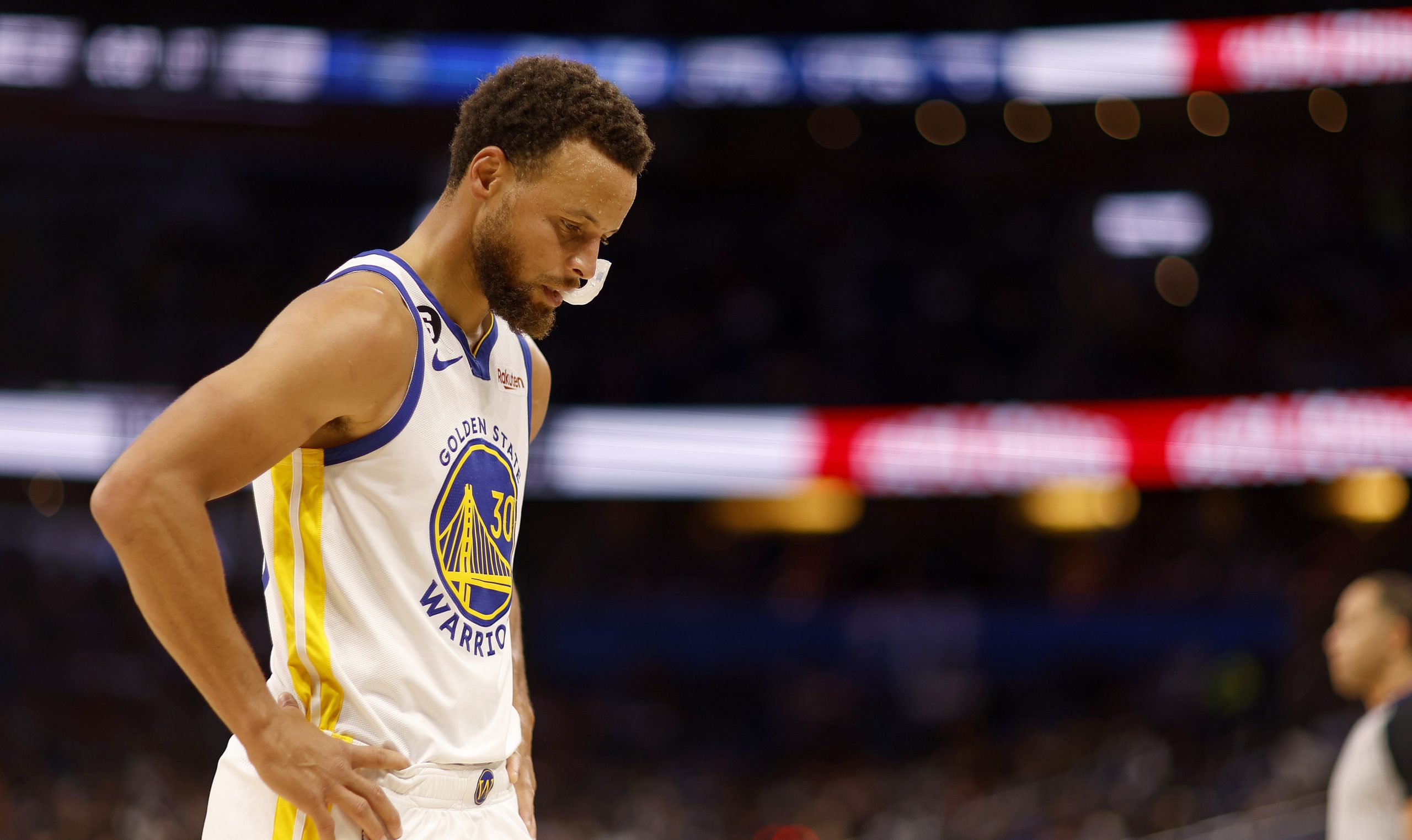 Stephen Curry #30 of the Golden State Warriors looks on during a game against the Golden State Warr...