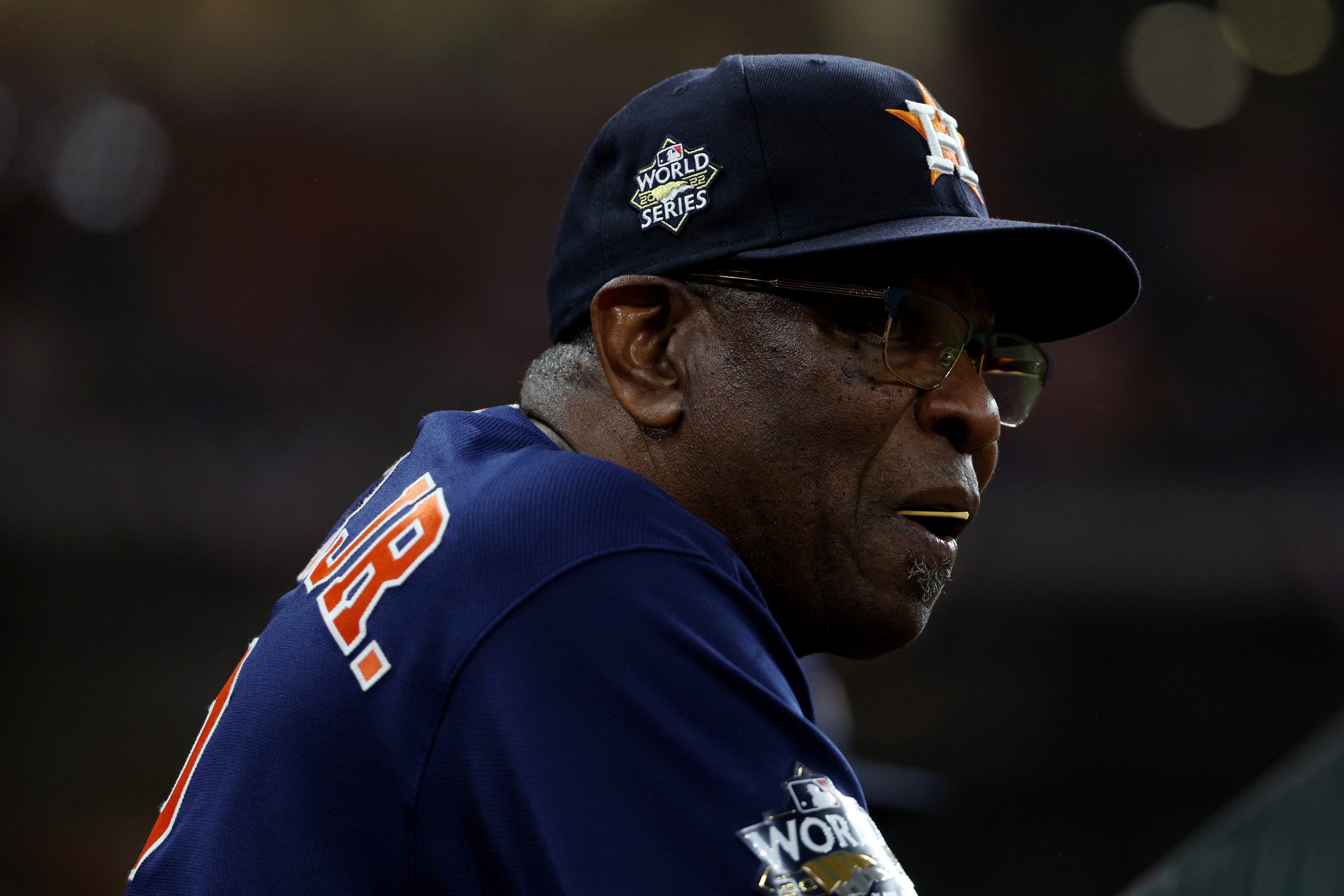 Manager Dusty Baker Jr. of the Houston Astros looks on against the Philadelphia Phillies during the...