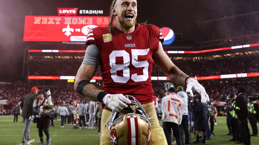 George Kittle #85 of the San Francisco 49ers reacts after defeating the Los Angeles Chargers at Levi's Stadium on November 13, 2022 in Santa Clara, California.