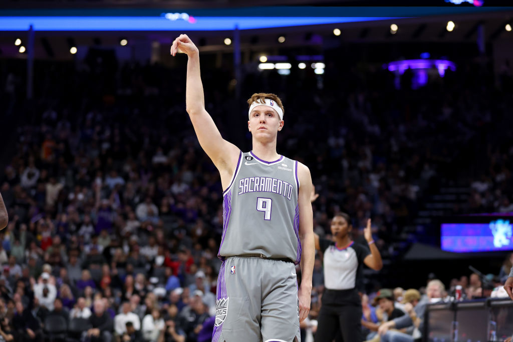 Kevin Huerter #9 of the Sacramento Kings reacts after he made a three-point basket against the Broo...
