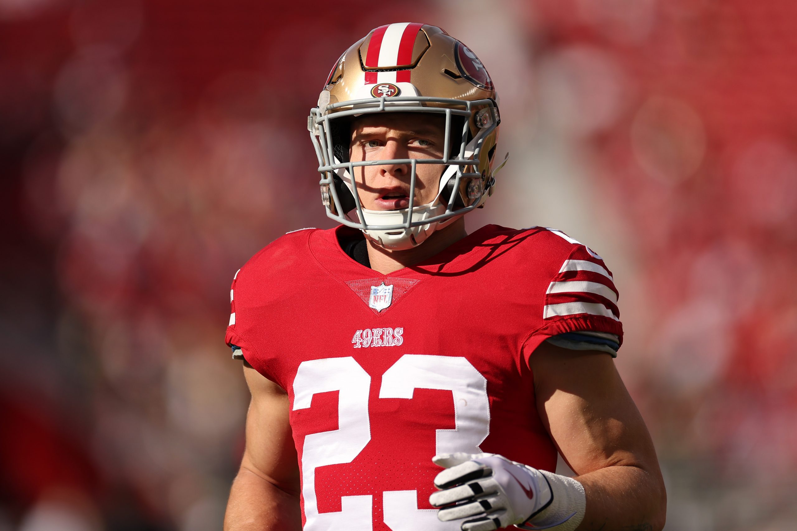 Christian McCaffrey #23 of the San Francisco 49ers warms up prior to the game against the New Orlea...