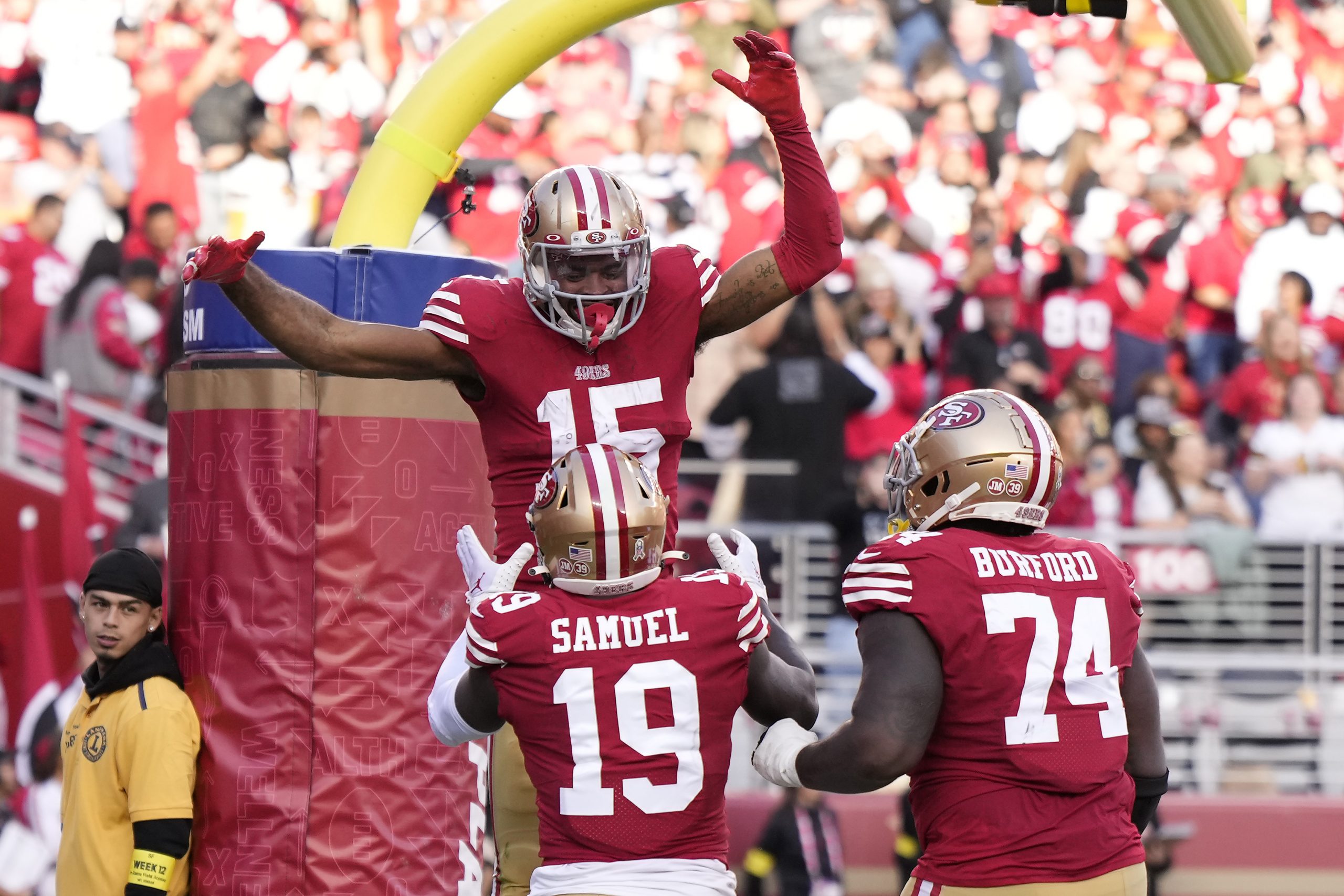 Jauan Jennings #15 of the San Francisco 49ers celebrates a touchdown during the first half in the g...