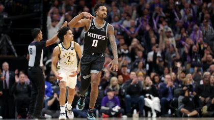SACRAMENTO, CALIFORNIA - NOVEMBER 30: Malik Monk #0 of the Sacramento Kings reacts after he made a basket against against the Indiana Pacers at Golden 1 Center on November 30, 2022 in Sacramento, California. NOTE TO USER: User expressly acknowledges and agrees that, by downloading and or using this photograph, User is consenting to the terms and conditions of the Getty Images License Agreement. (Photo by Ezra Shaw/Getty Images)