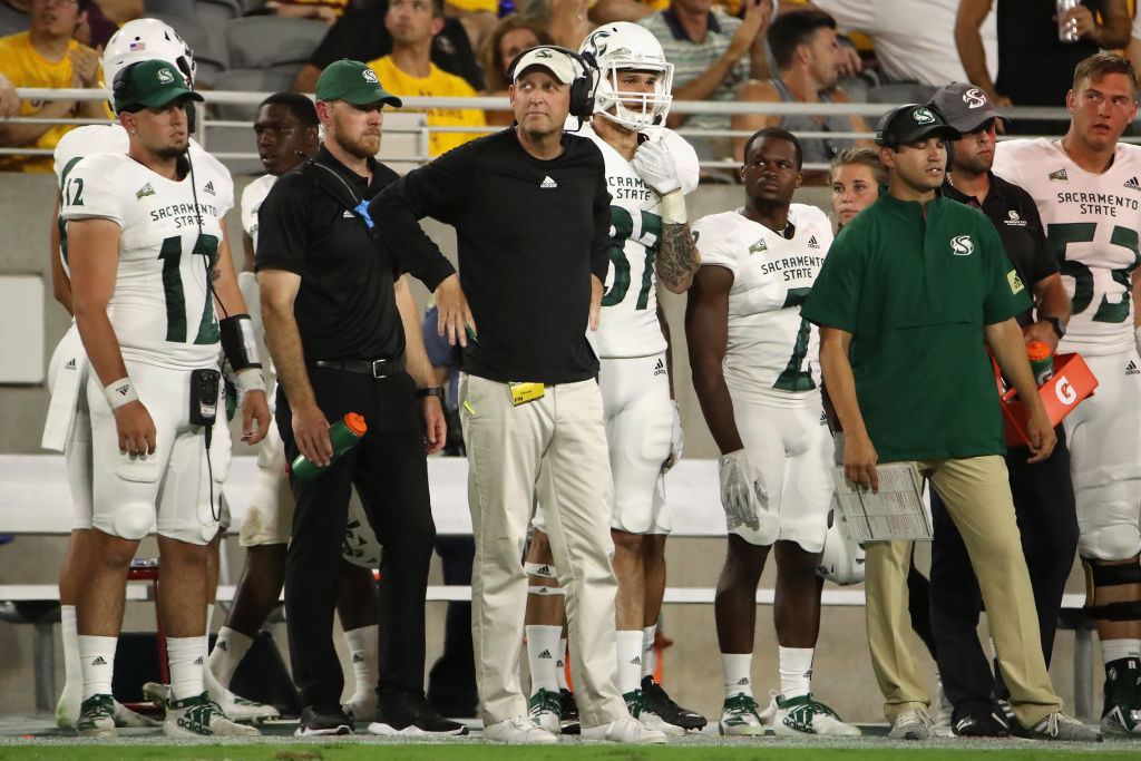 Head coach Troy Taylor of the Sacramento State Hornets reacts on the sidelines during the first hal...