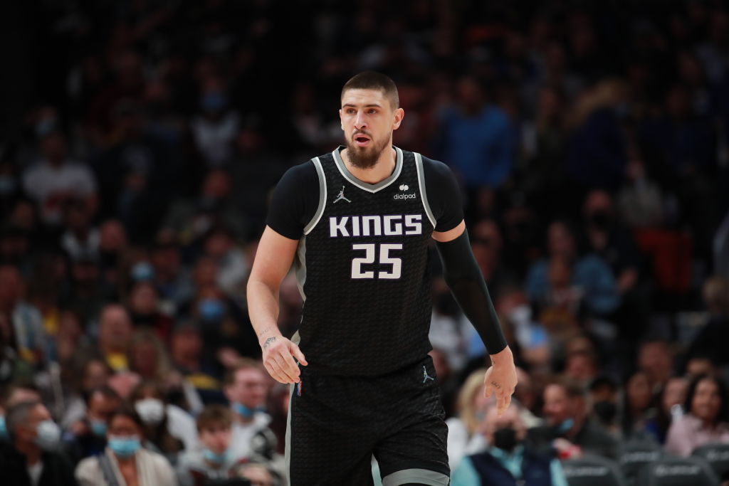 Alex Len #25 of the Sacramento Kings in action against the Denver Nuggets at Ball Arena on February...