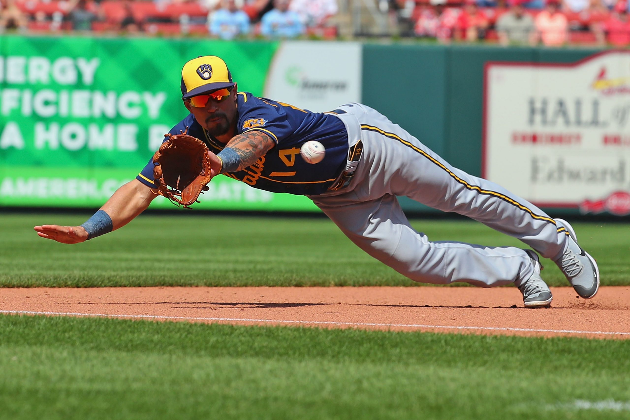 ST LOUIS, MO - MAY 29: Jace Peterson #14 of the Milwaukee Brewers fields a ground ball against the ...