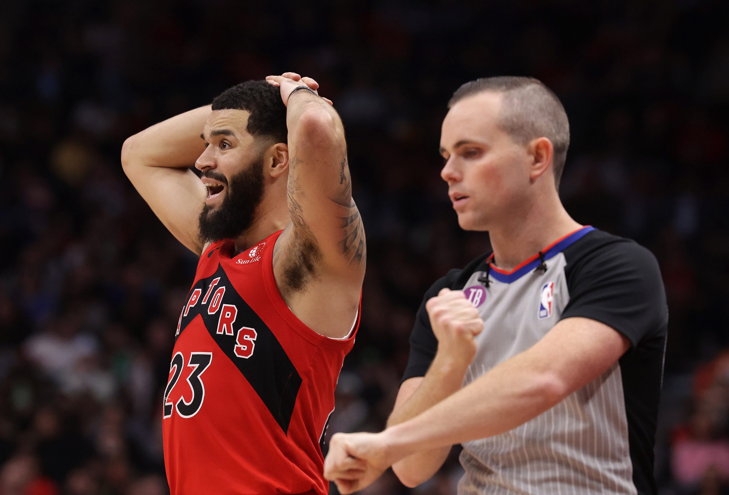 Toronto Raptors guard Fred VanVleet (23) reacts after getting called for a foul as the Toronto Rapt...