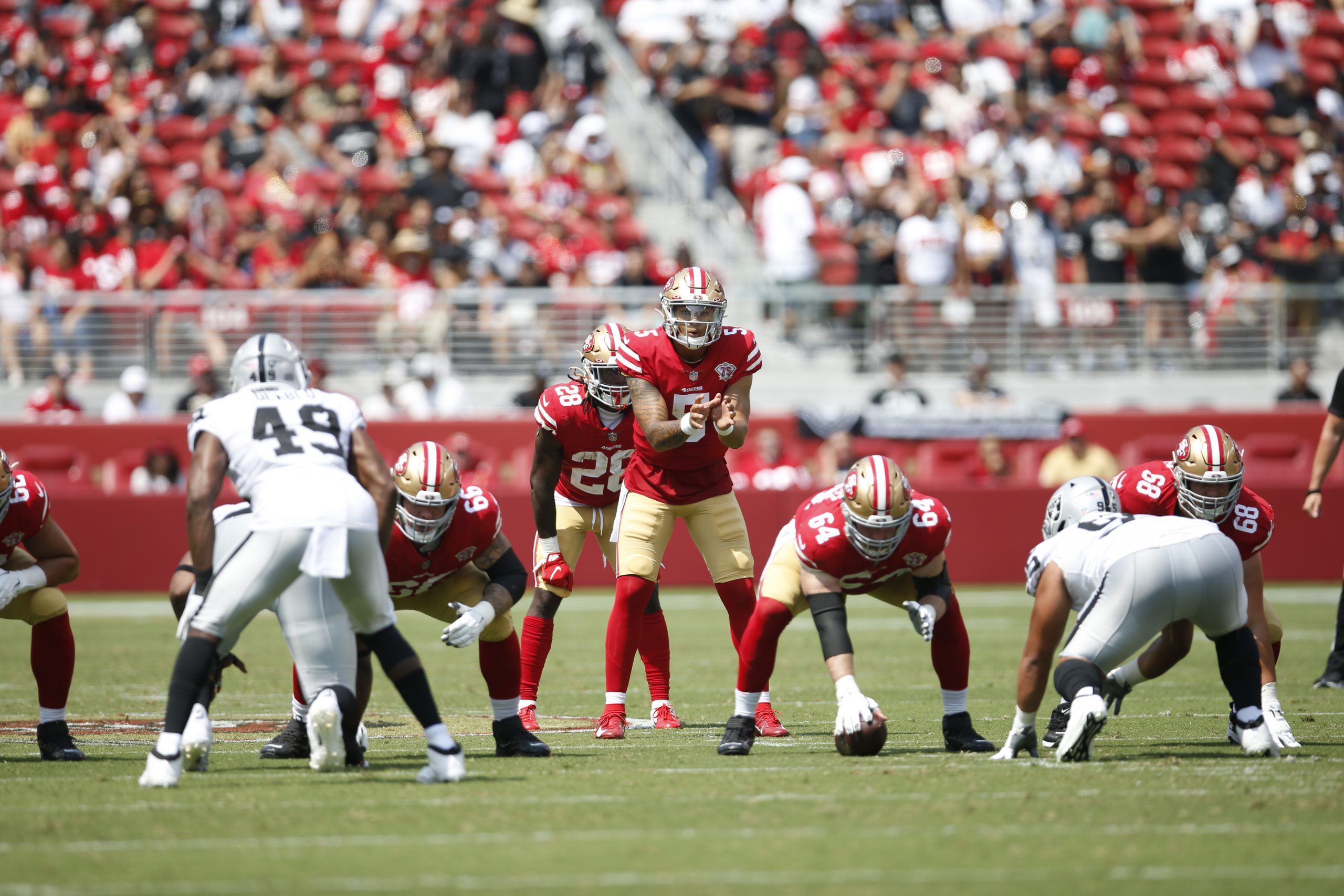 Trey Lance #5 of the San Francisco 49ers call for the snap during the game against the Las Vegas Ra...