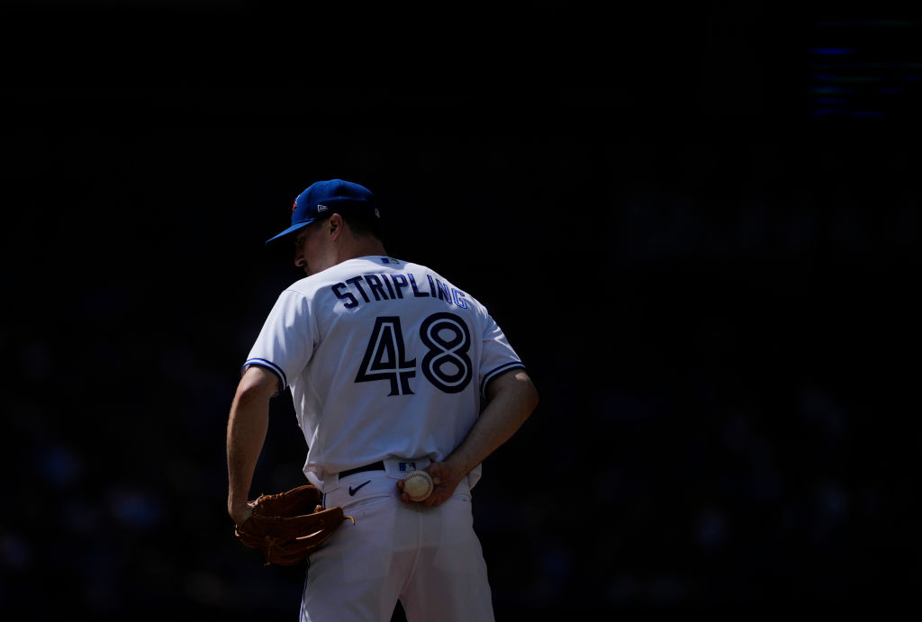 Ross Stripling #48 of the Toronto Blue Jays stands on the mound against the Detroit Tigers in the s...