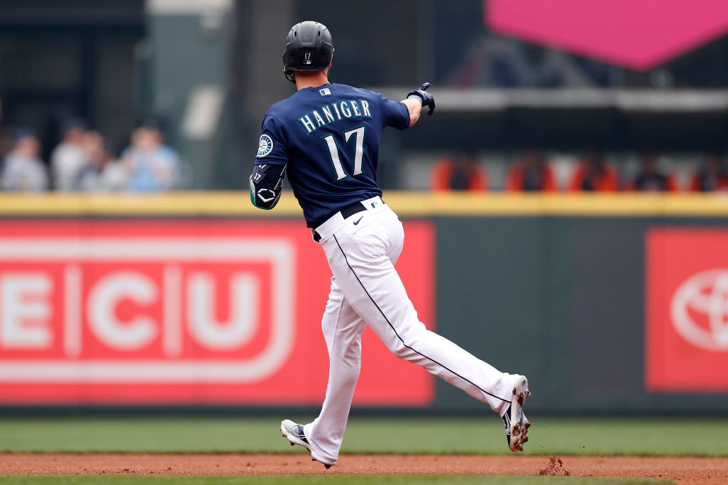 Mitch Haniger #17 of the Seattle Mariners celebrates his home run against the Detroit Tigers during...